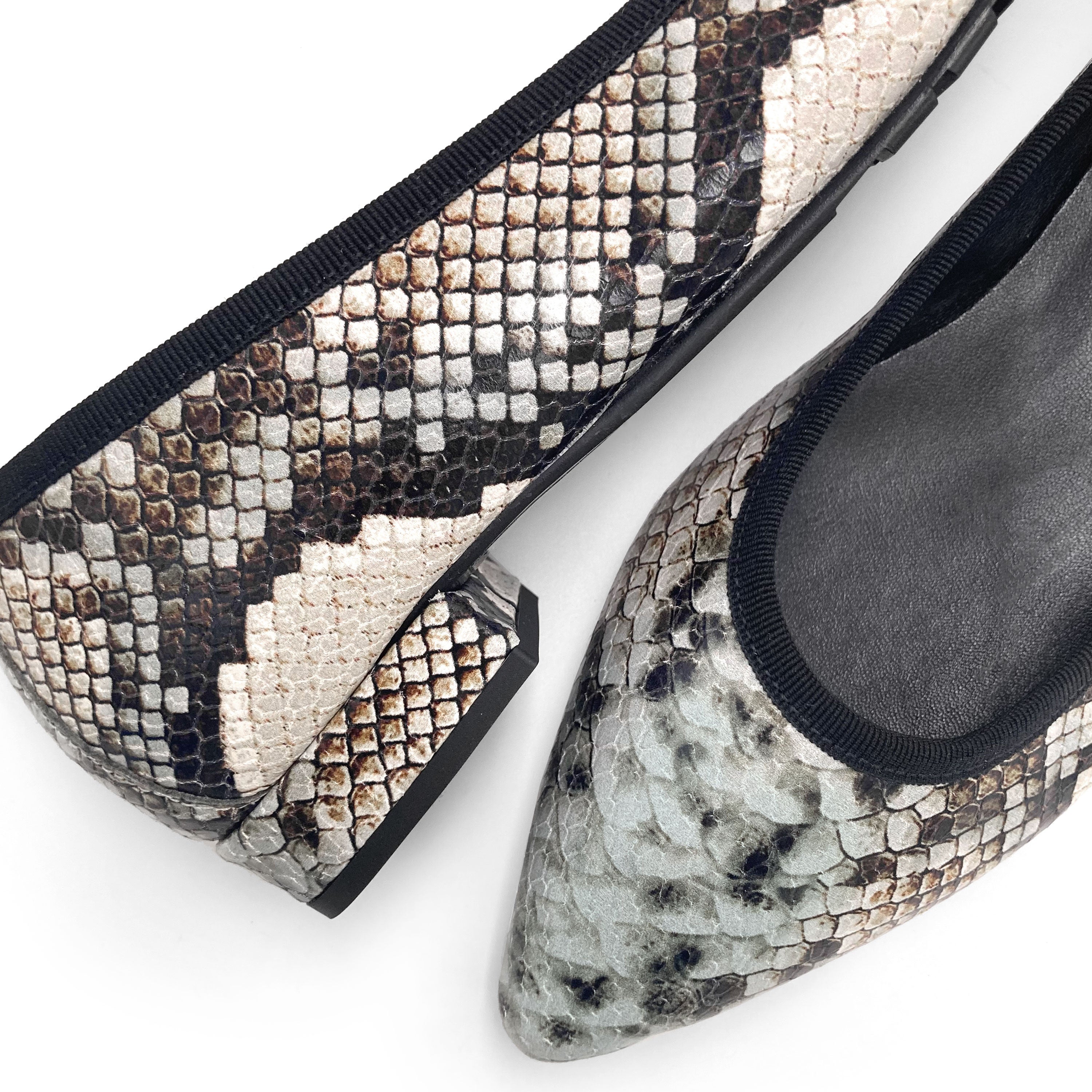Snake print leather pointed toe ballet flats