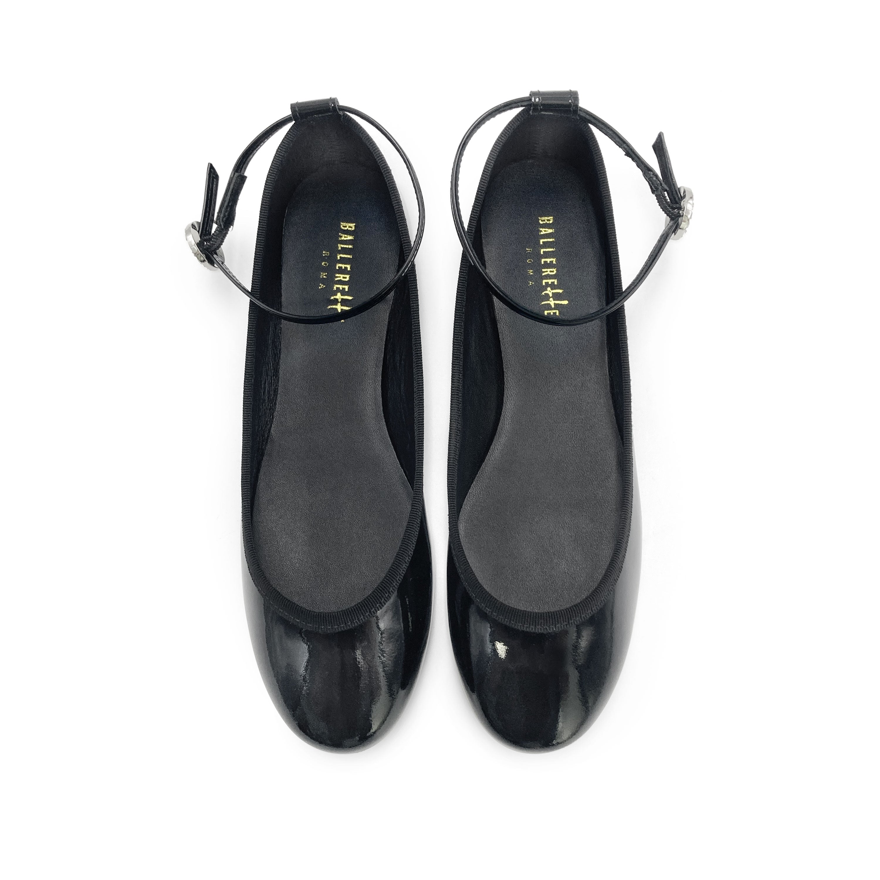 Black patent leather ballet flats with jewelled strap