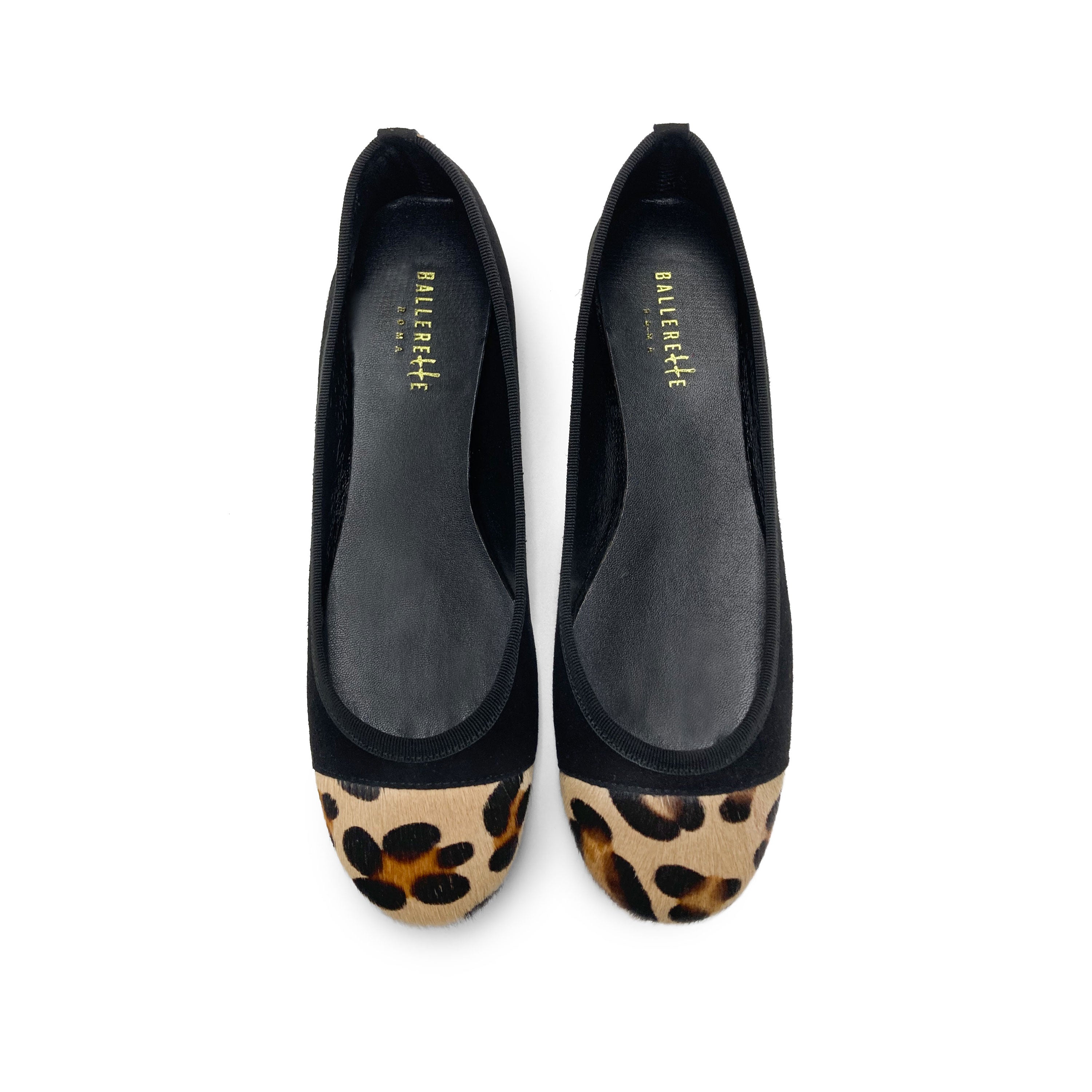 Black suede ballet flats with animal print toe