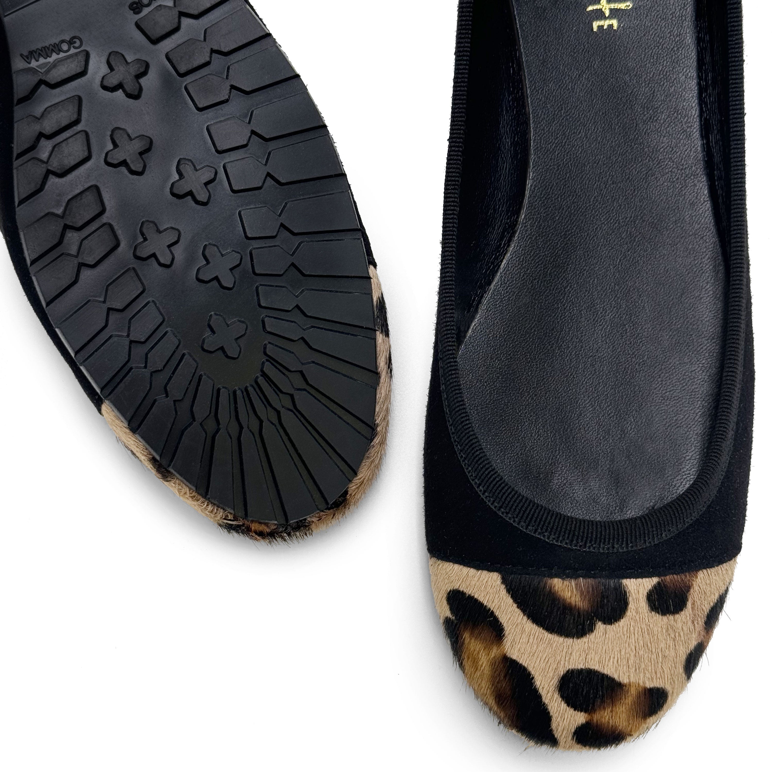 Black suede ballet flats with animal print toe