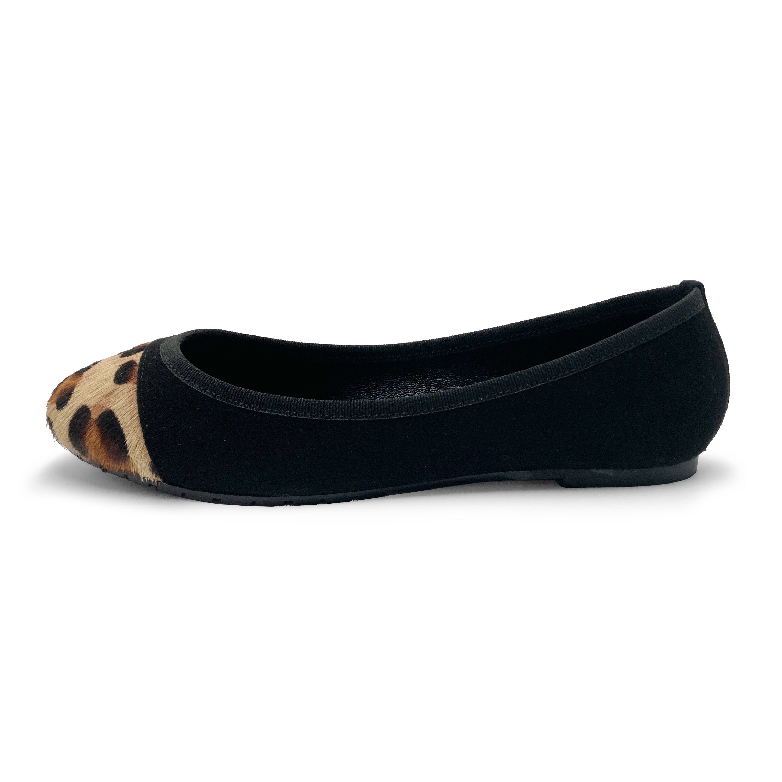 Black suede ballet flats with animal print toe