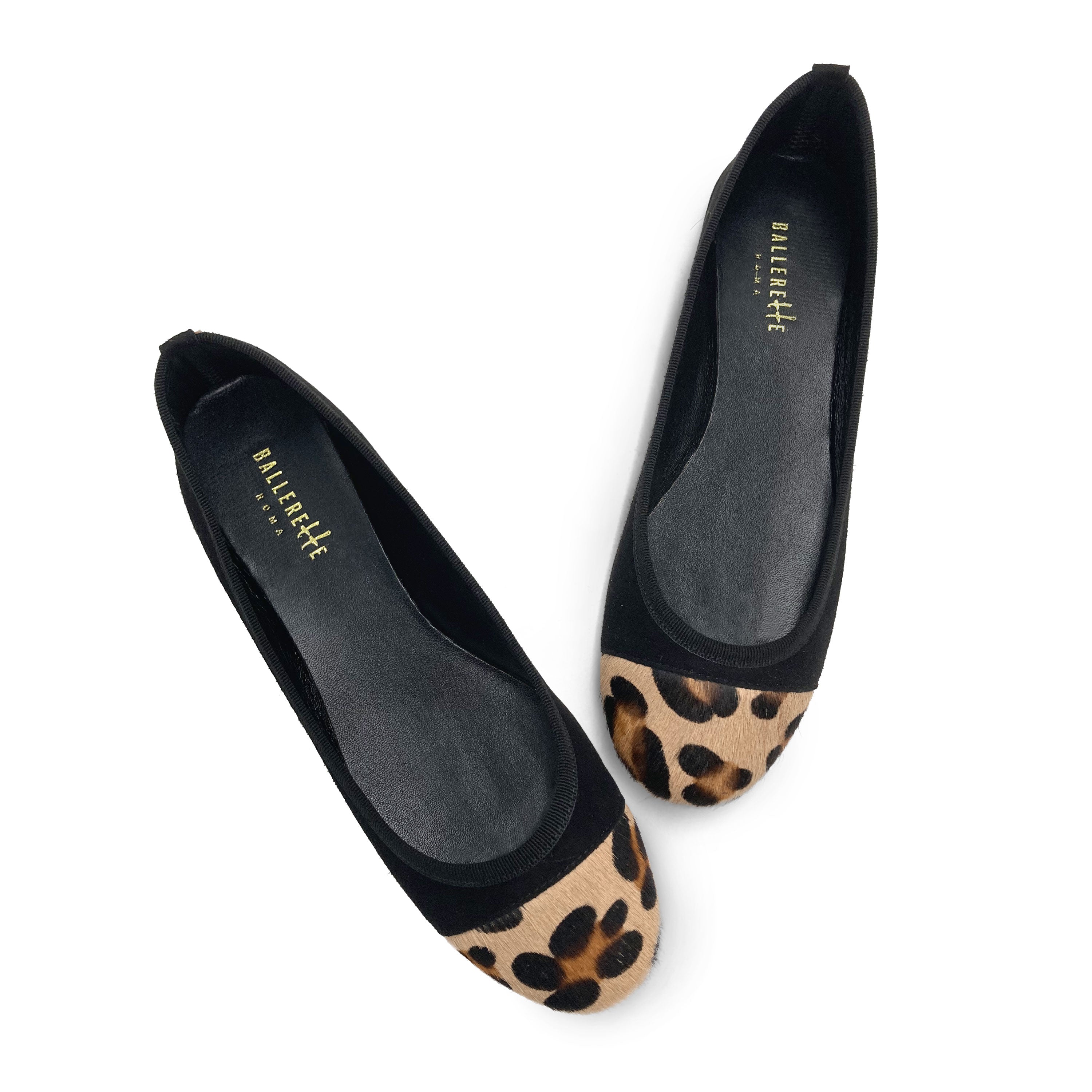 Black suede ballet flats with animal print toe