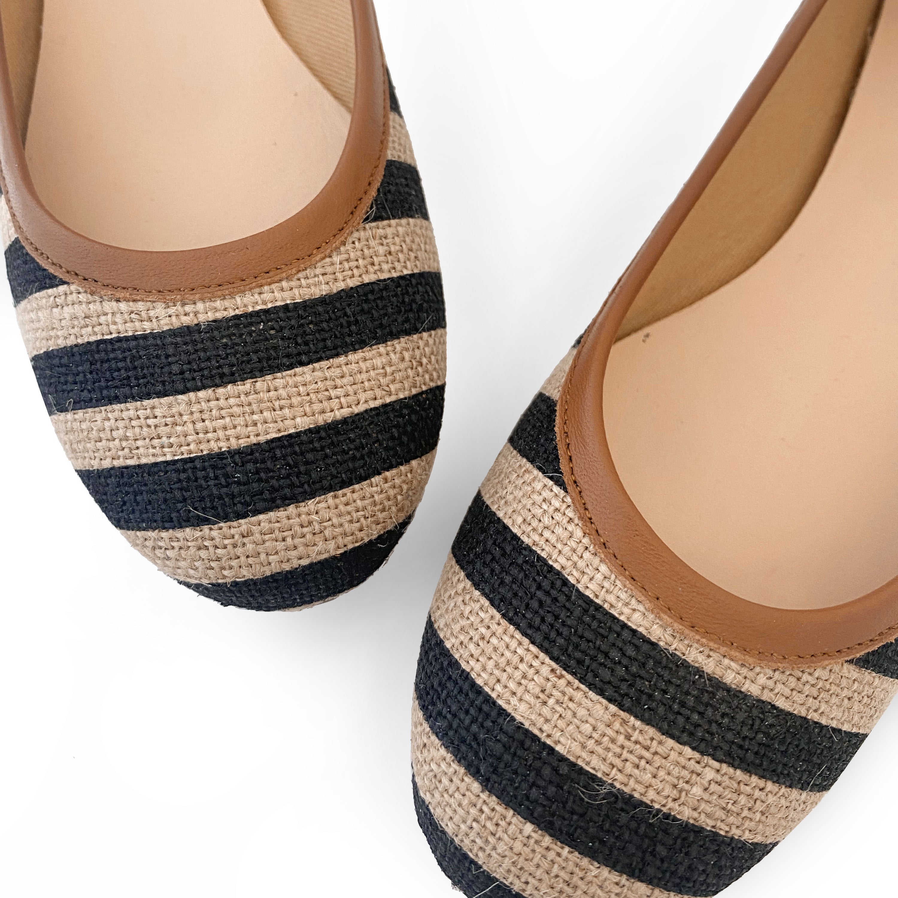 Black striped jute ballet flats