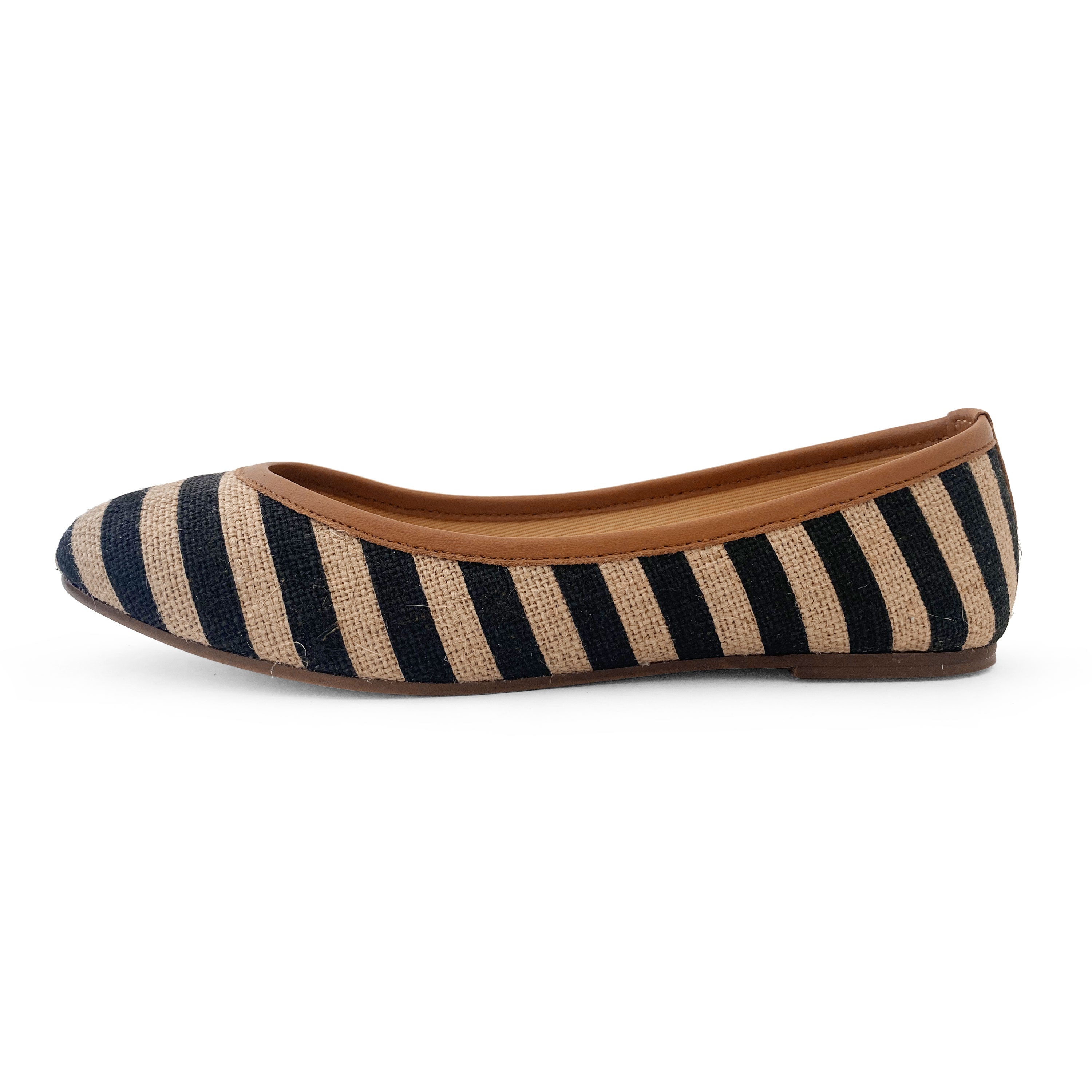 Black striped jute ballet flats