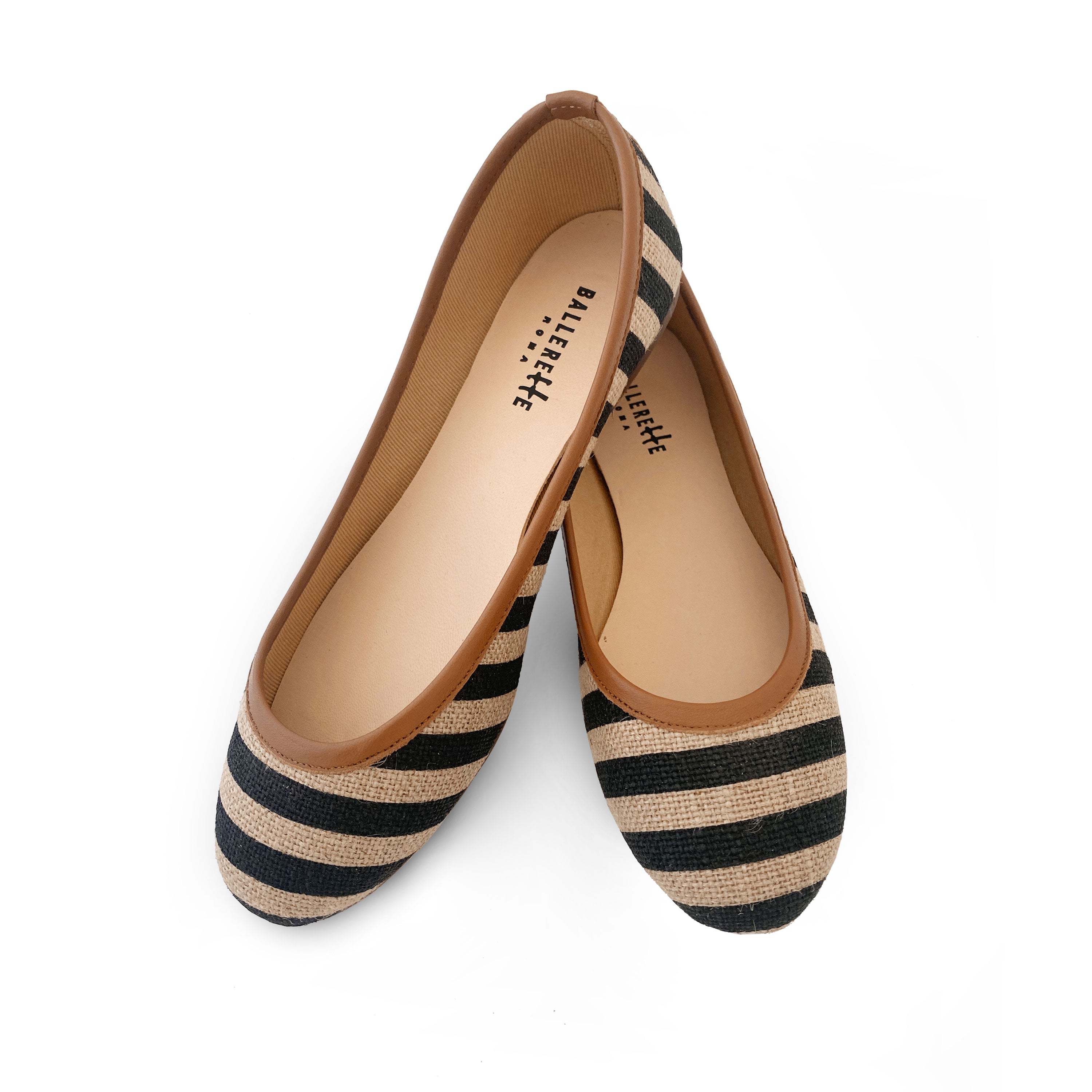 Black striped jute ballet flats