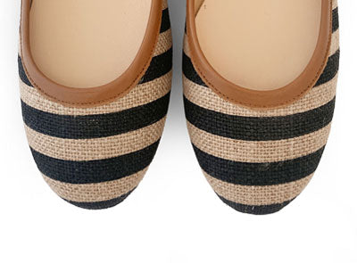 Black striped jute ballet flats