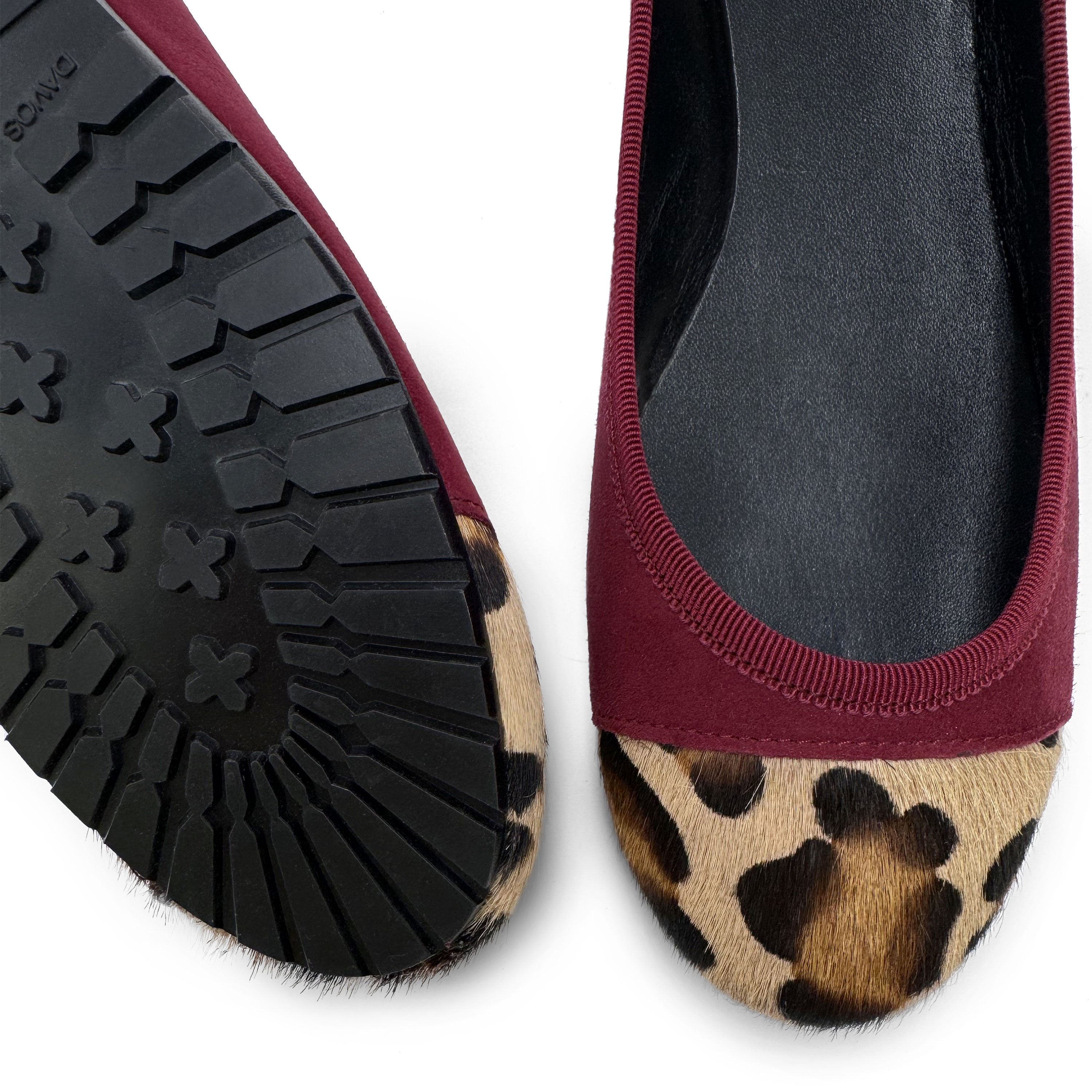 Burgundy suede ballet flats with animal print toe