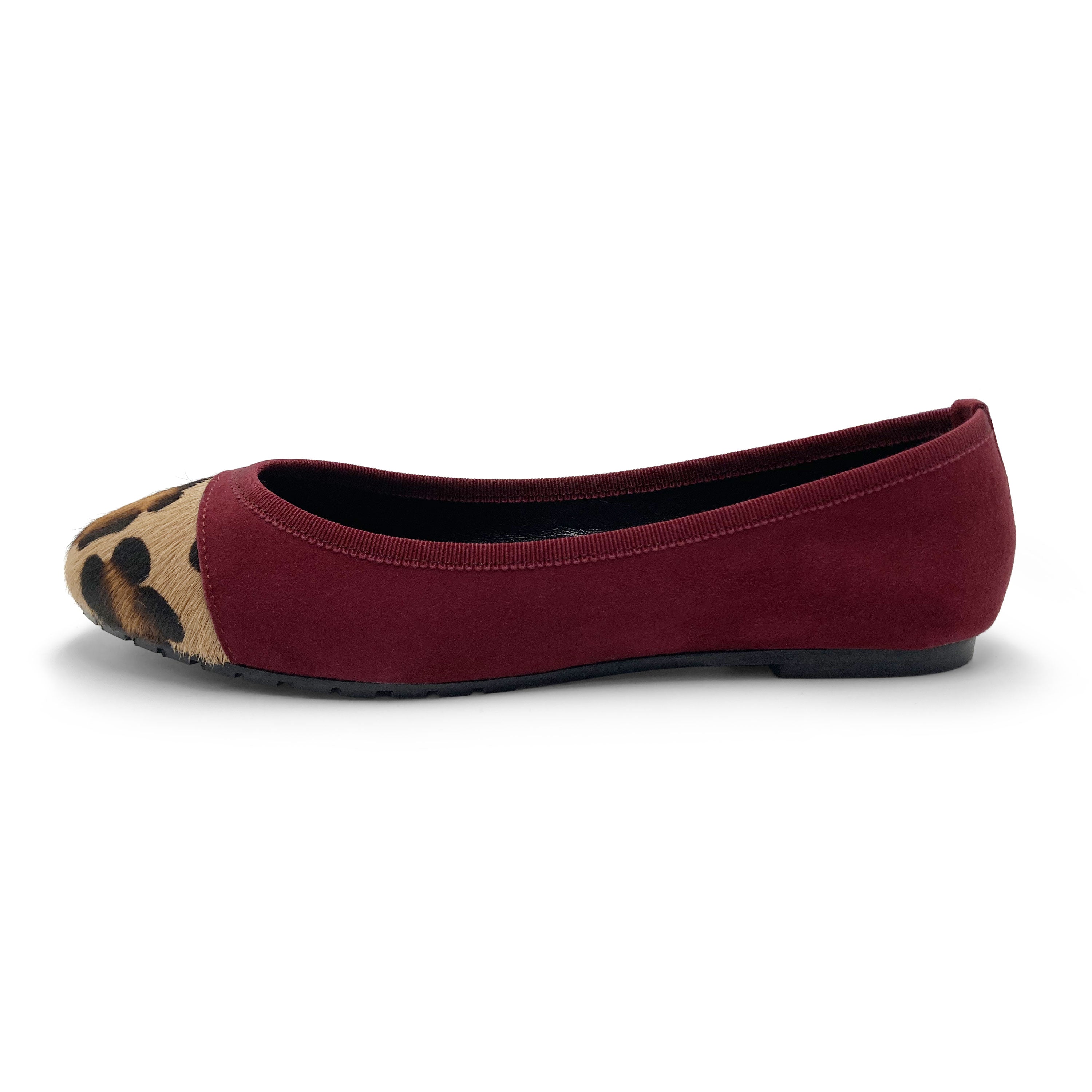 Burgundy suede ballet flats with animal print toe