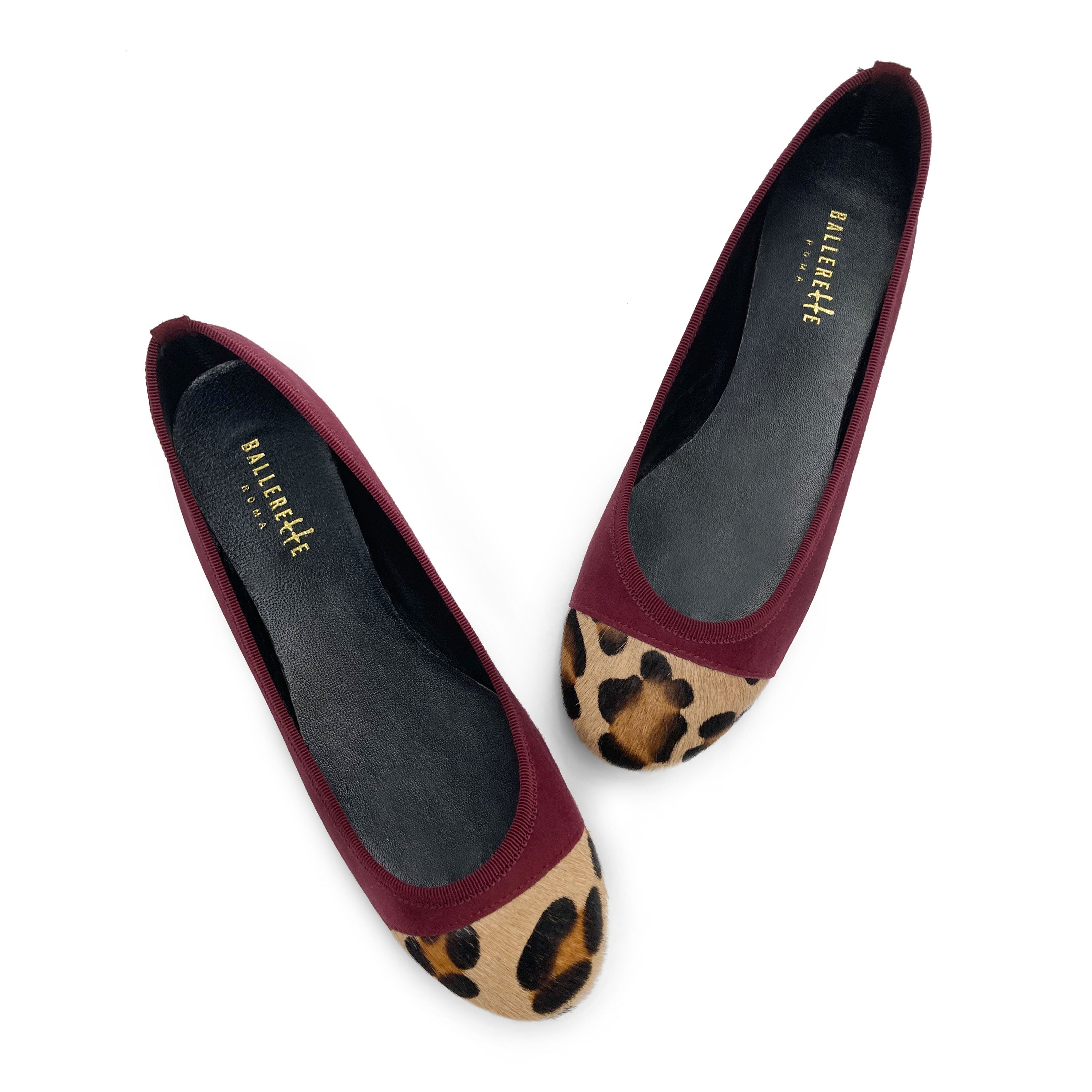 Burgundy suede ballet flats with animal print toe