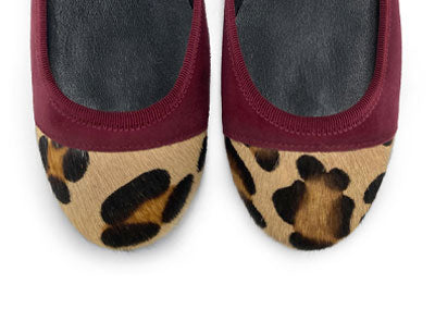 Burgundy suede ballet flats with animal print toe