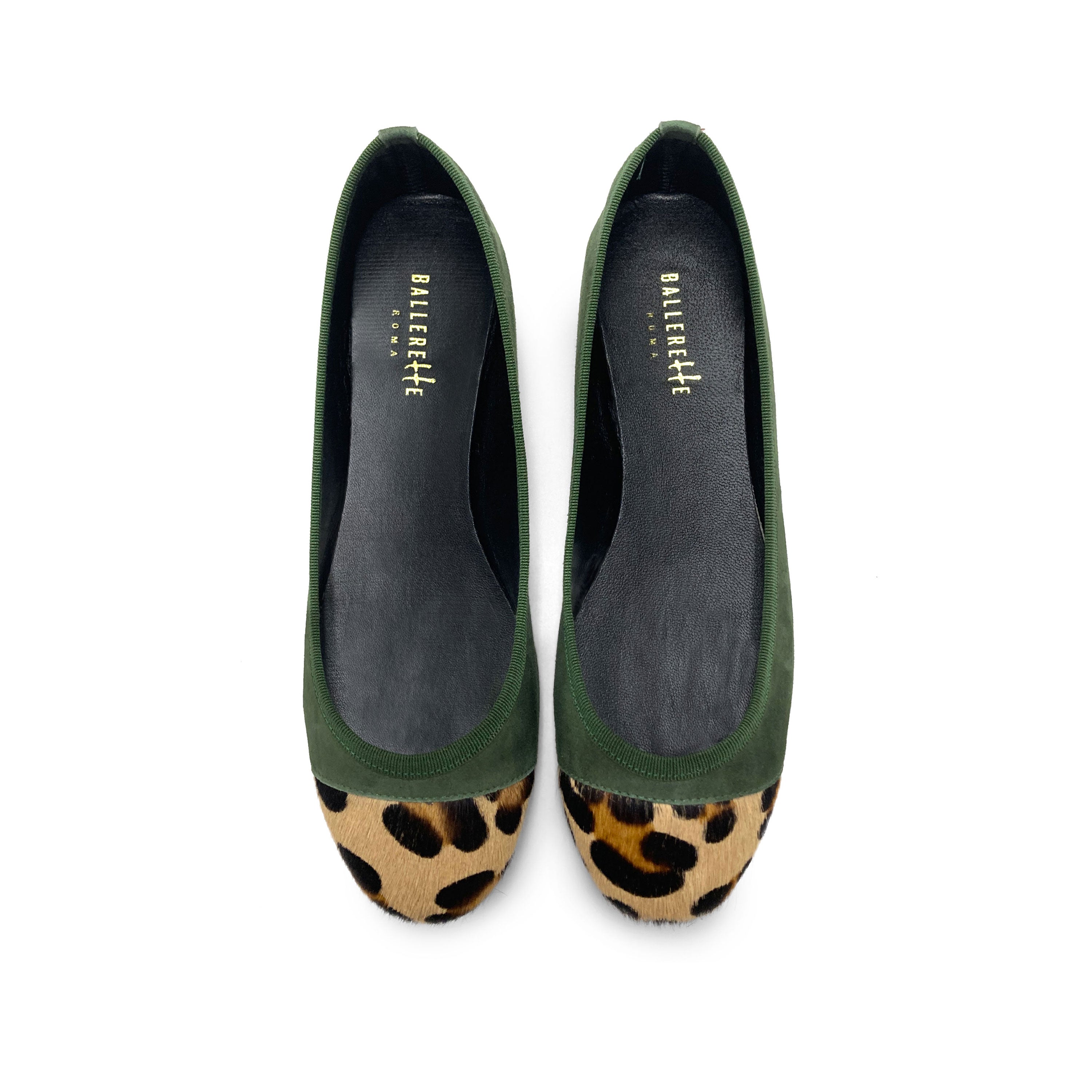 Green suede ballet flats with animal print toe