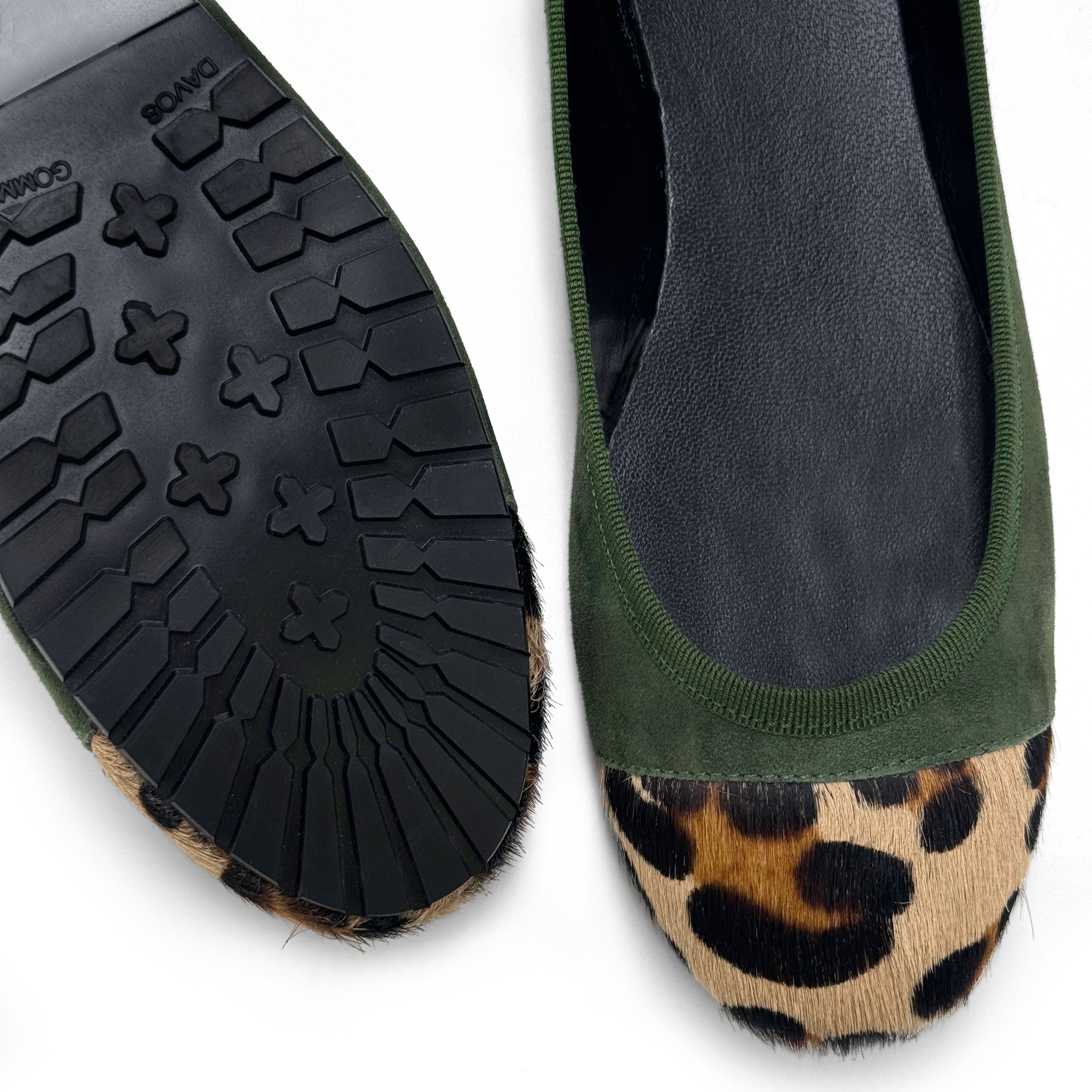 Green suede ballet flats with animal print toe