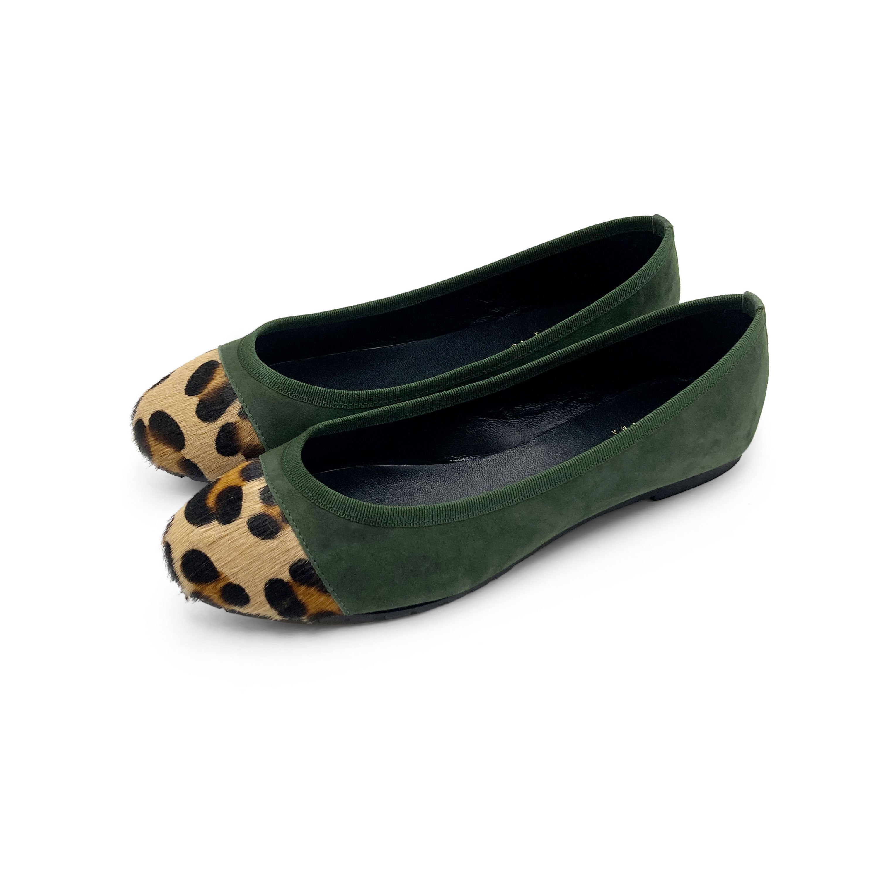 Green suede ballet flats with animal print toe