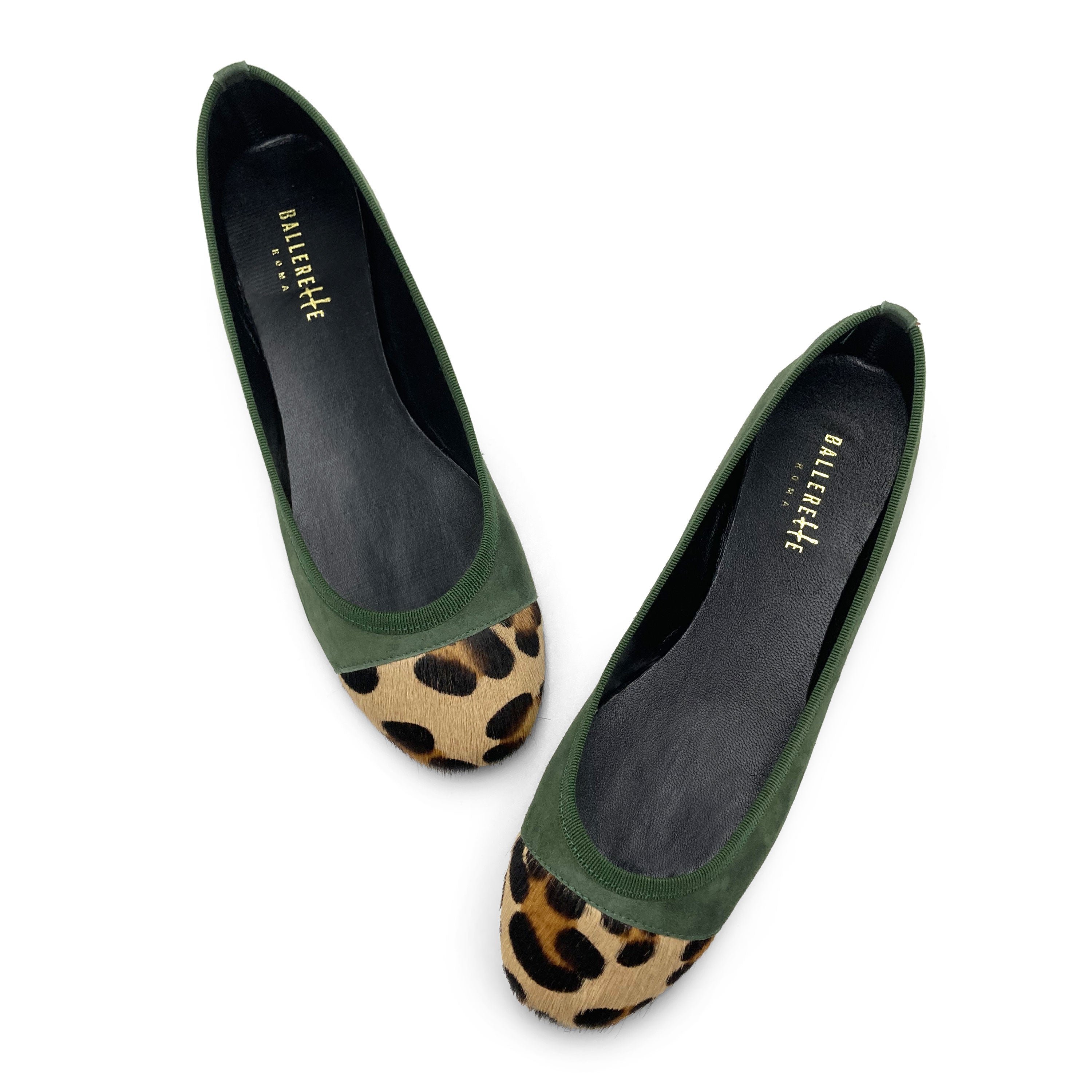 Green suede ballet flats with animal print toe