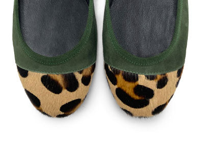 Green suede ballet flats with animal print toe