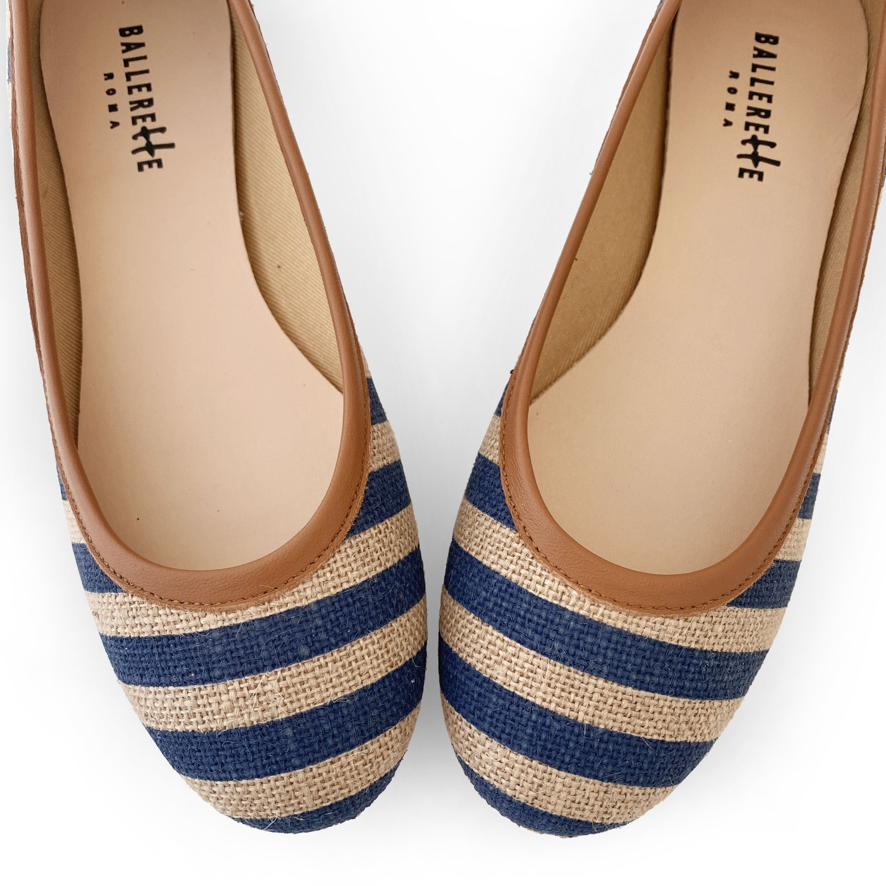 Blue striped jute ballet flats