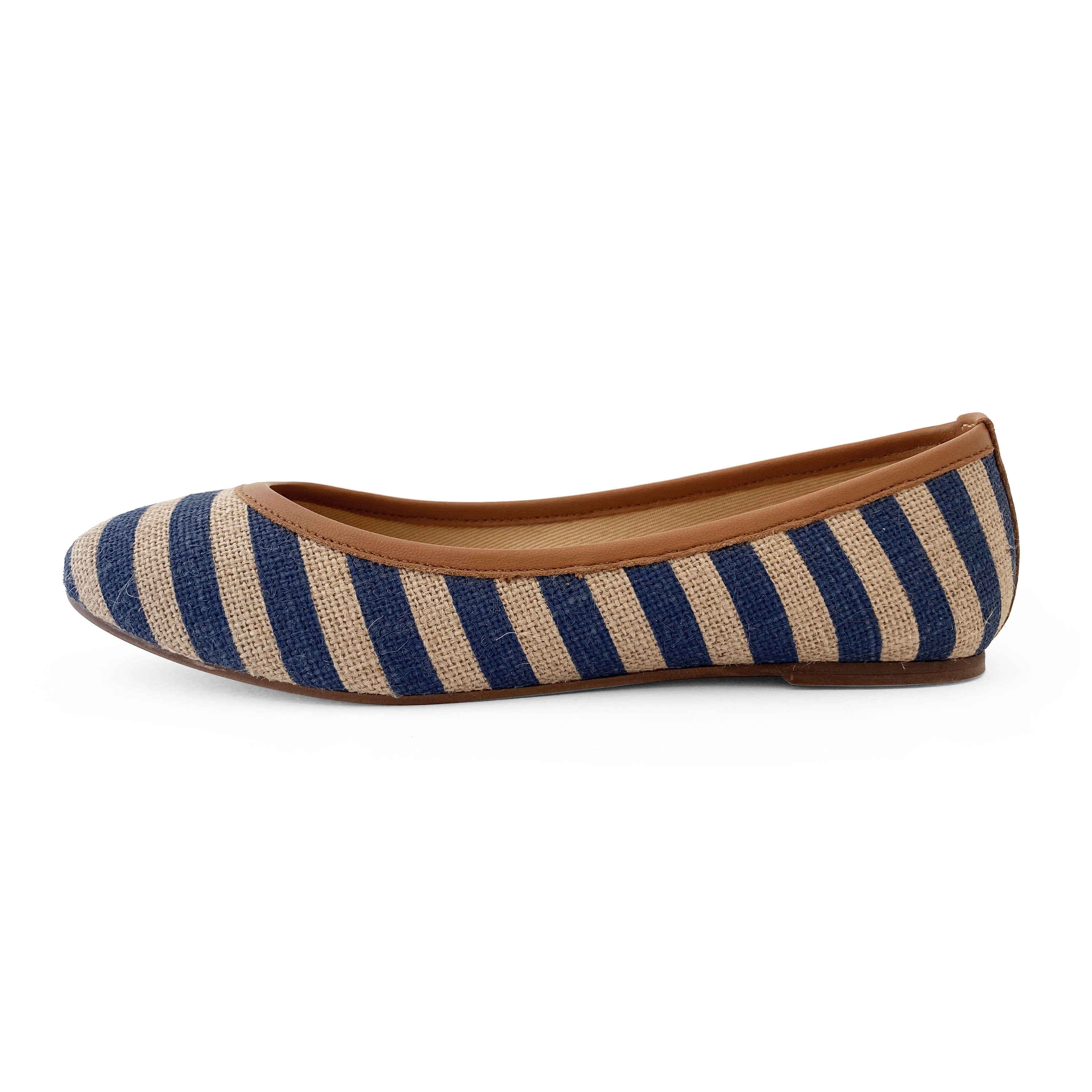 Blue striped jute ballet flats