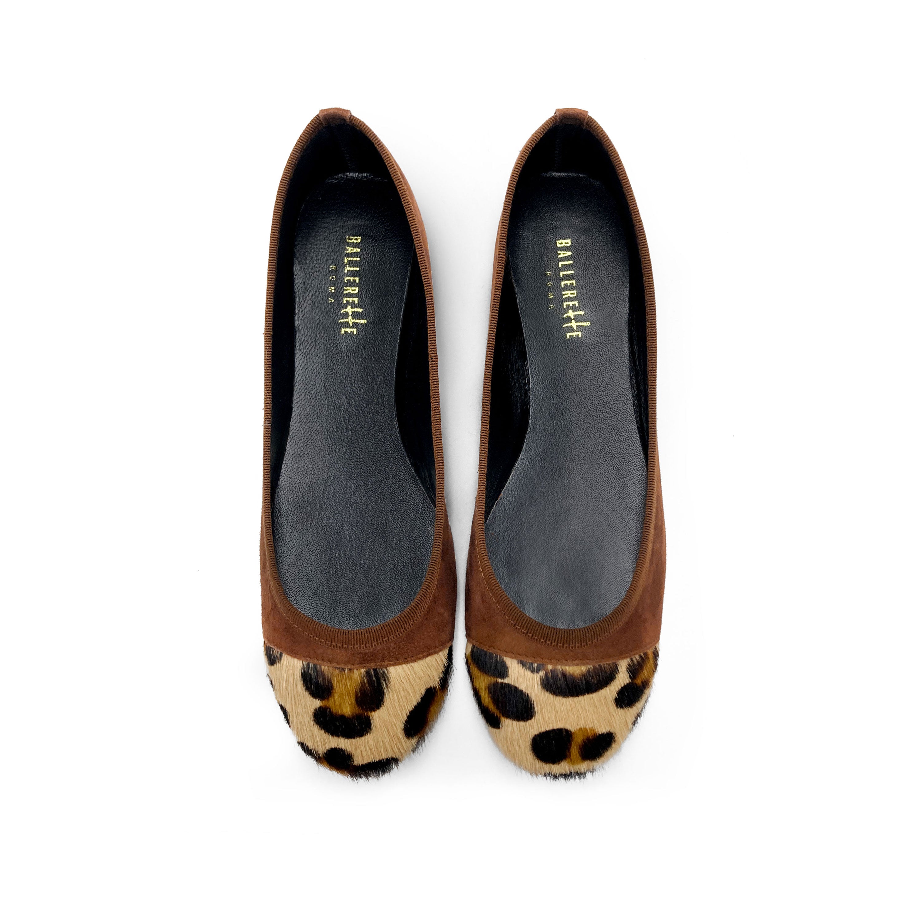 Brown suede ballet flats with animal print toe