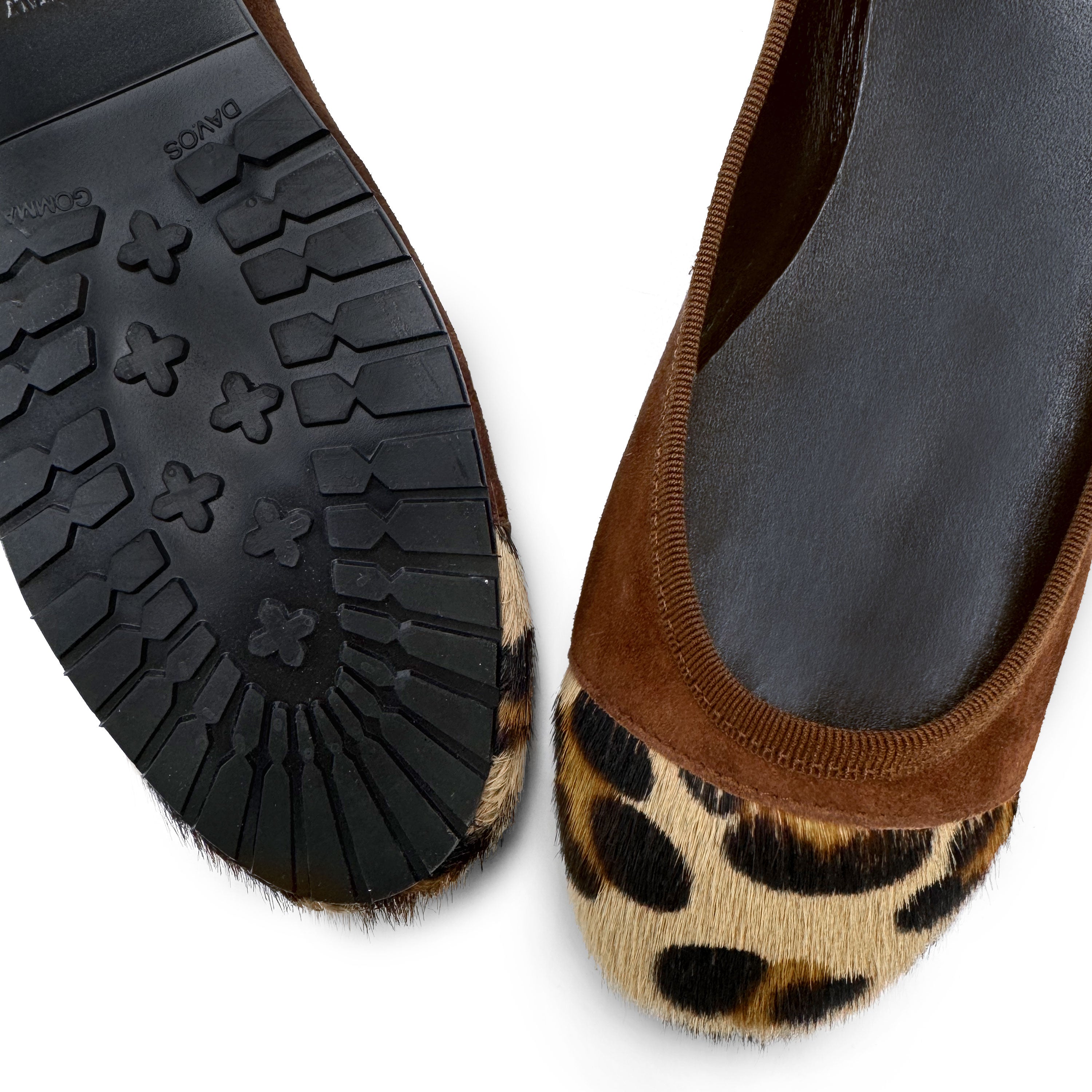 Brown suede ballet flats with animal print toe