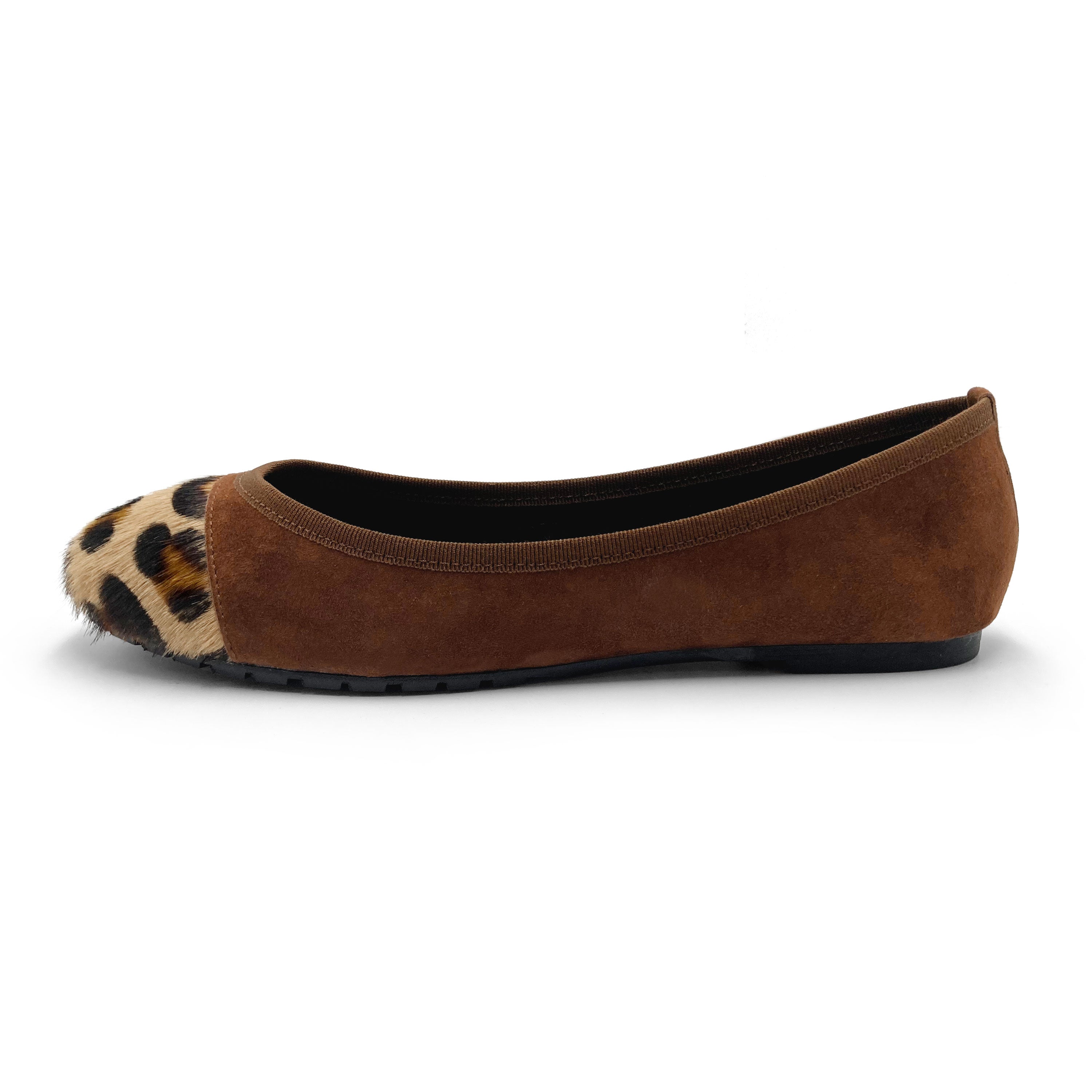 Brown suede ballet flats with animal print toe