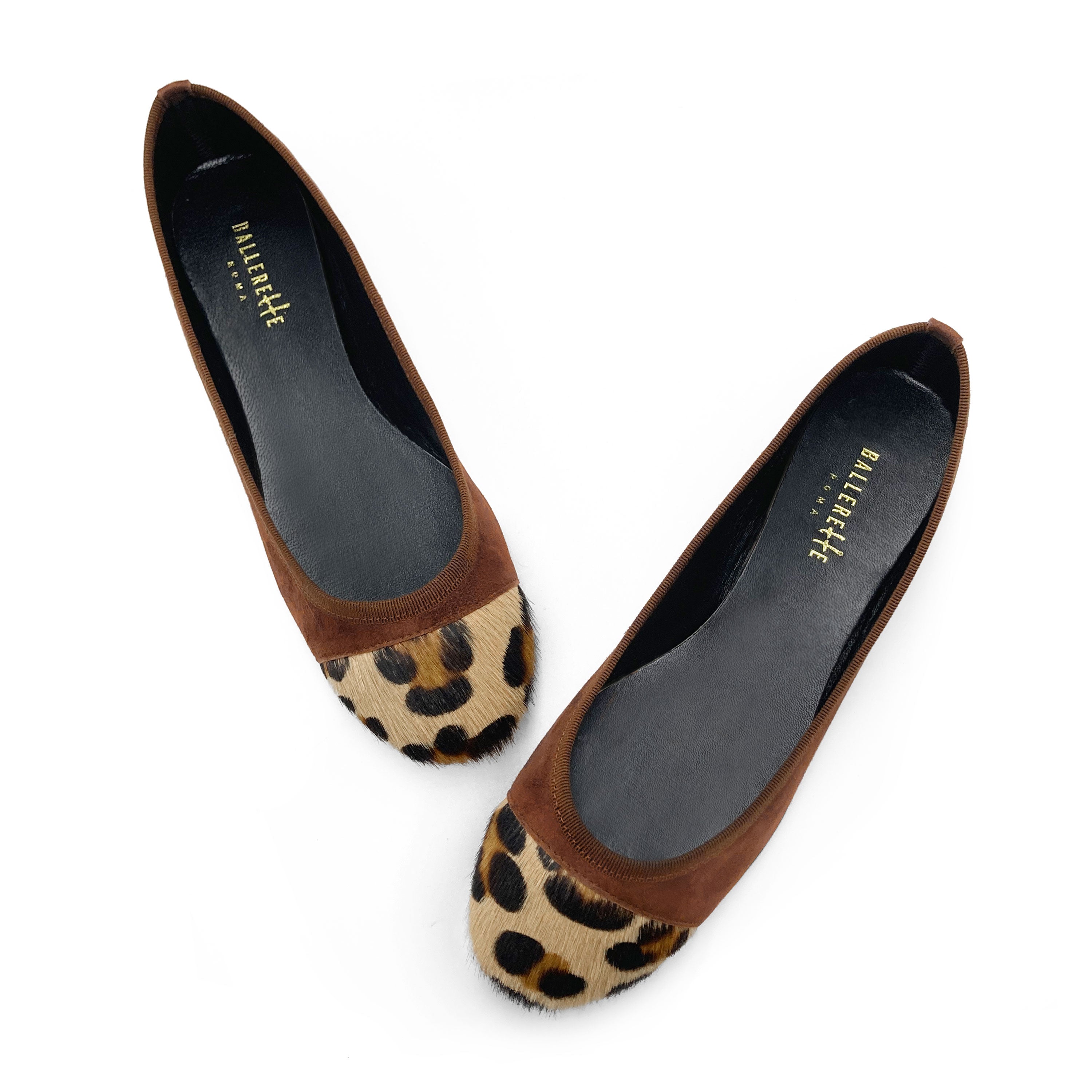 Brown suede ballet flats with animal print toe