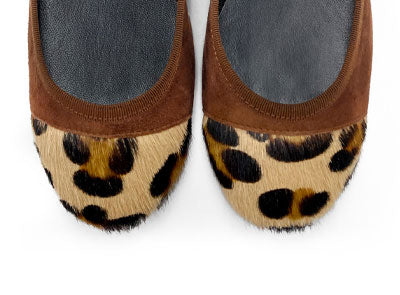 Brown suede ballet flats with animal print toe