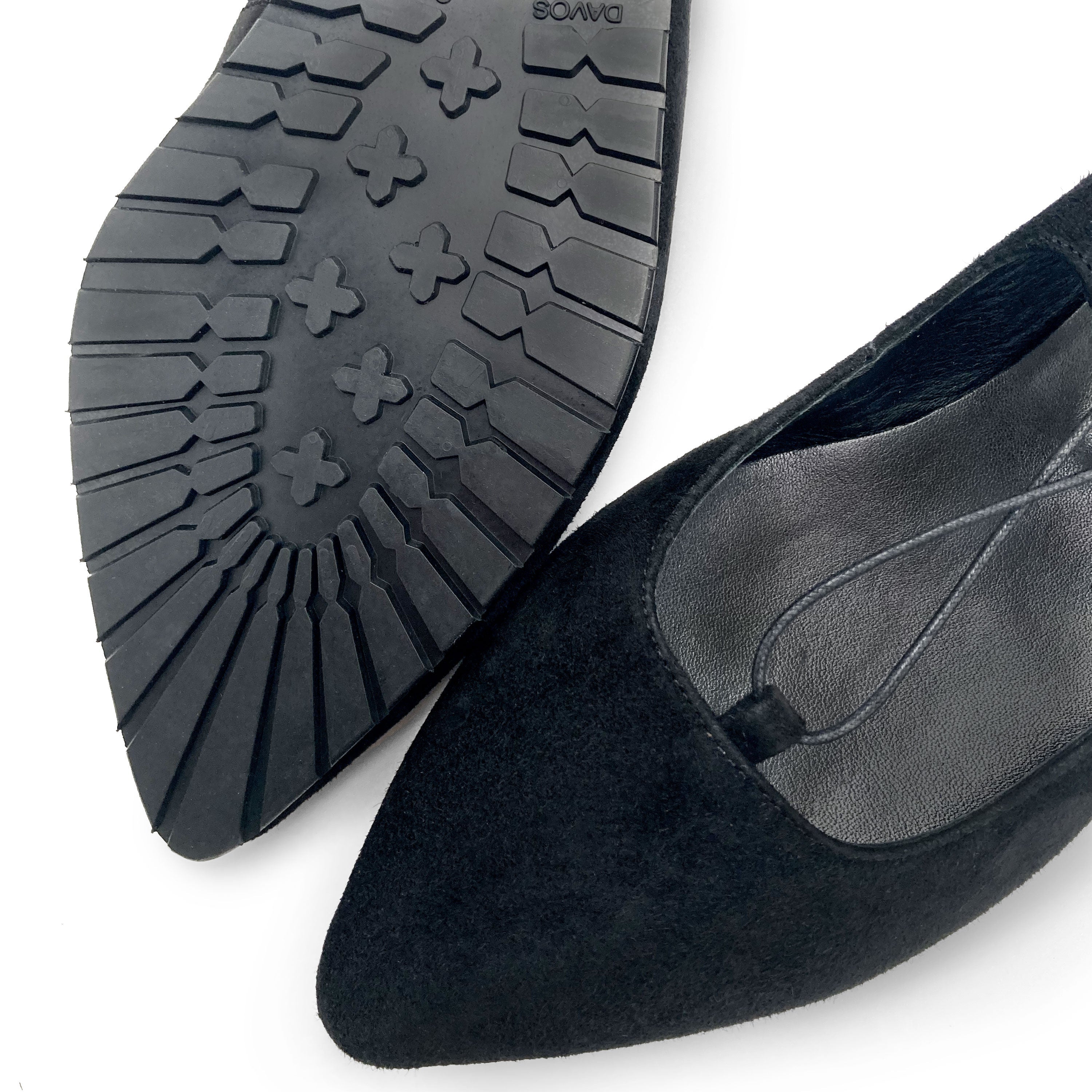 Black suede ballet flats with straps