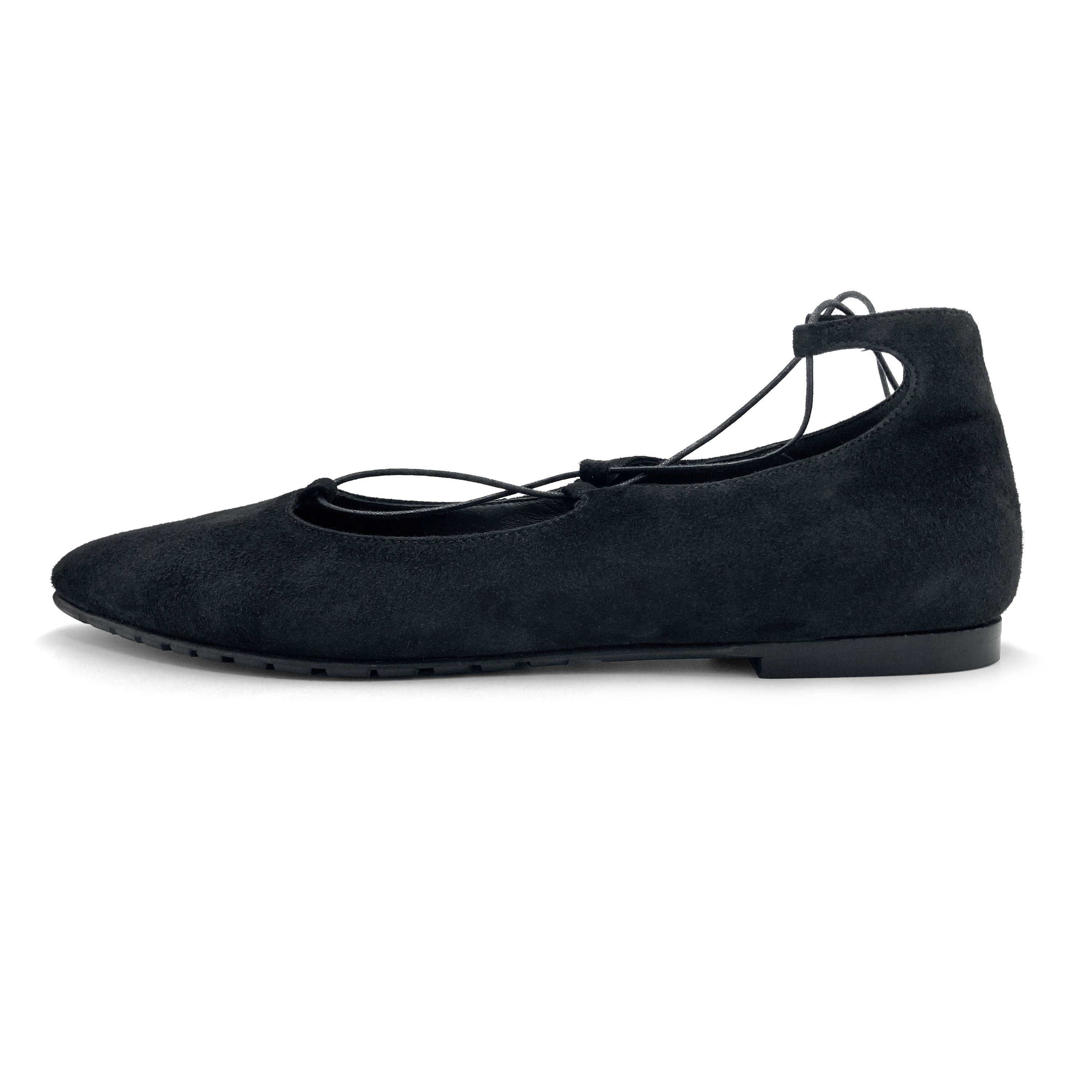Black suede ballet flats with straps