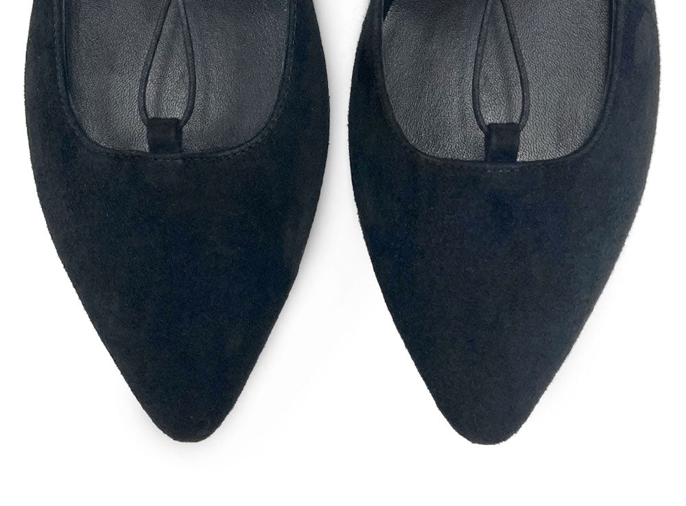 Black suede ballet flats with straps