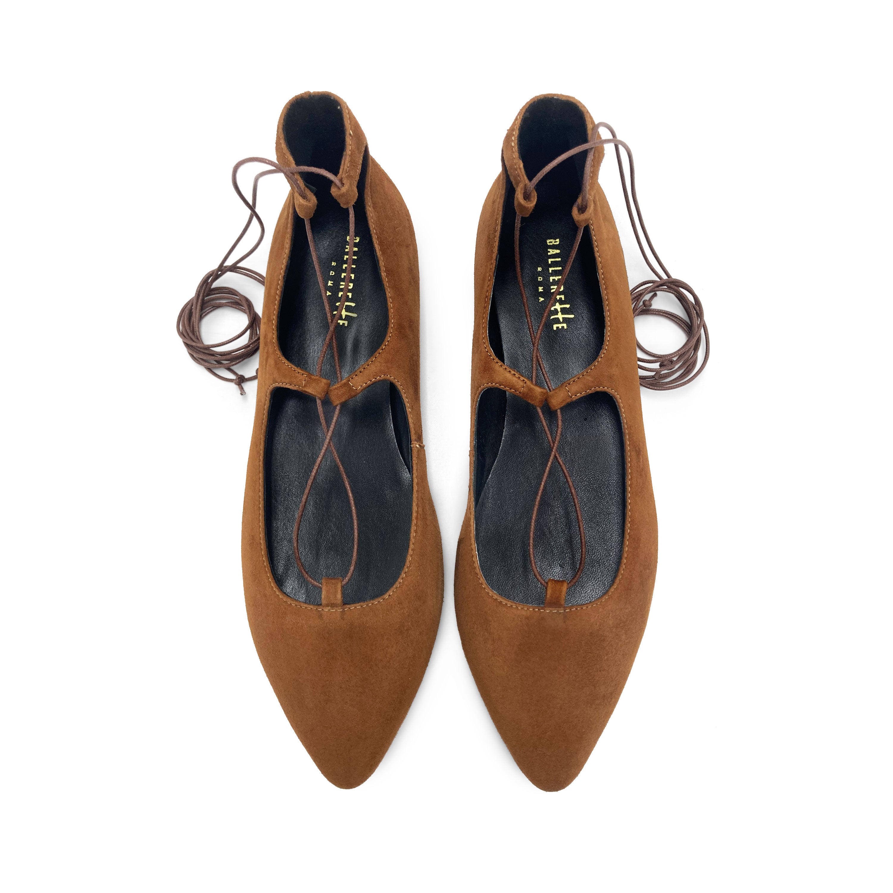 Brown suede ballet flats with straps