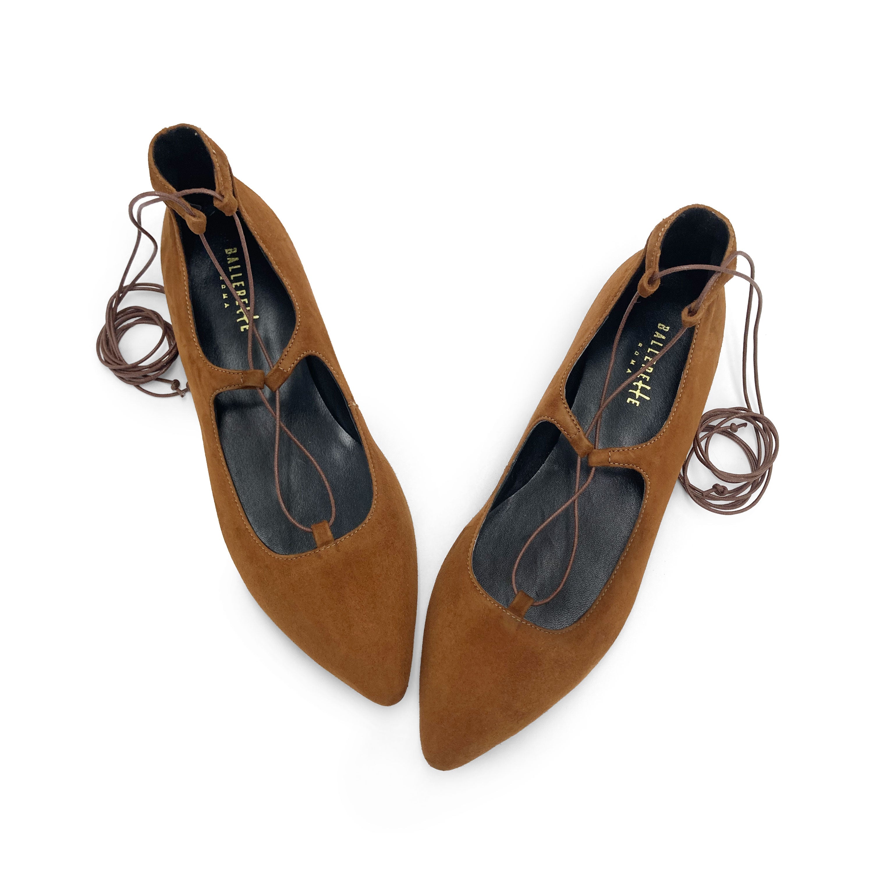 Brown suede ballet flats with straps