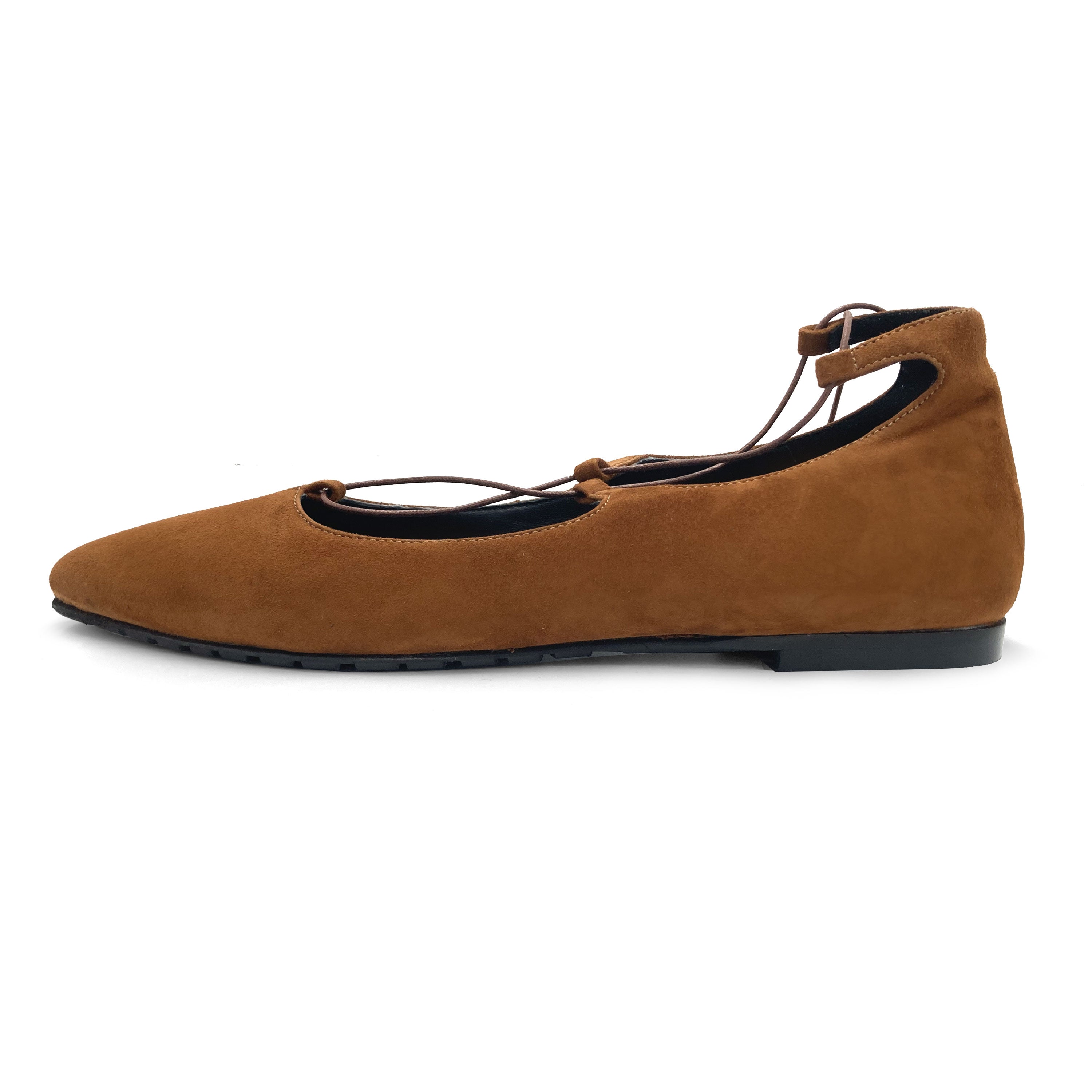 Brown suede ballet flats with straps