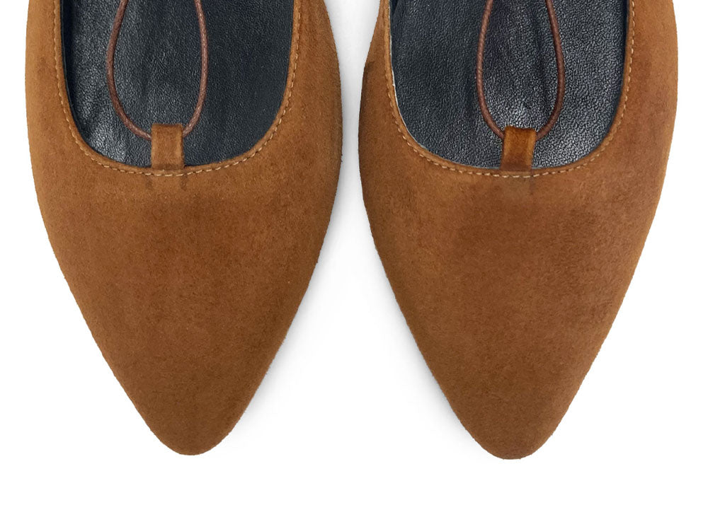 Brown suede ballet flats with straps