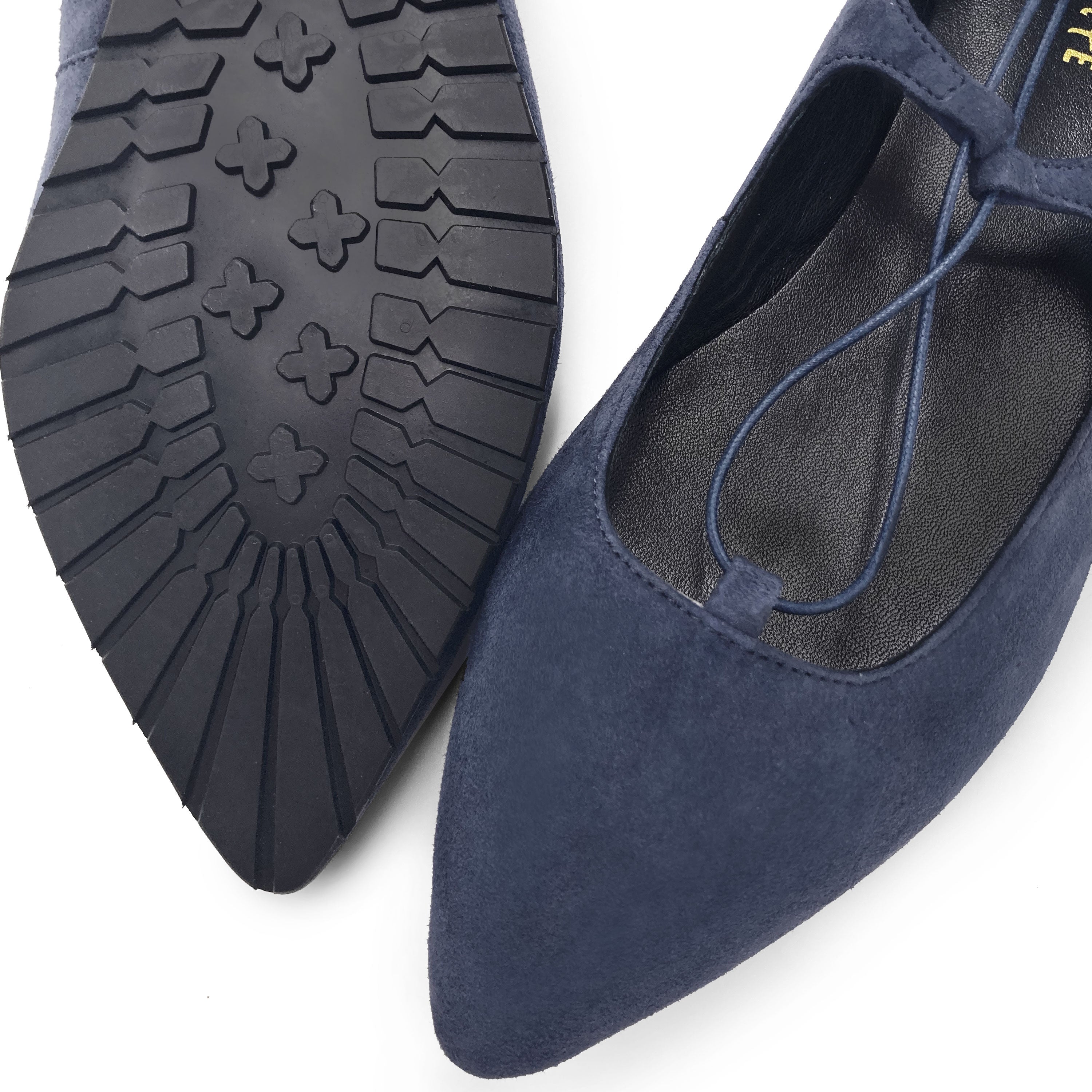 Petrol blue suede ballet flats with straps