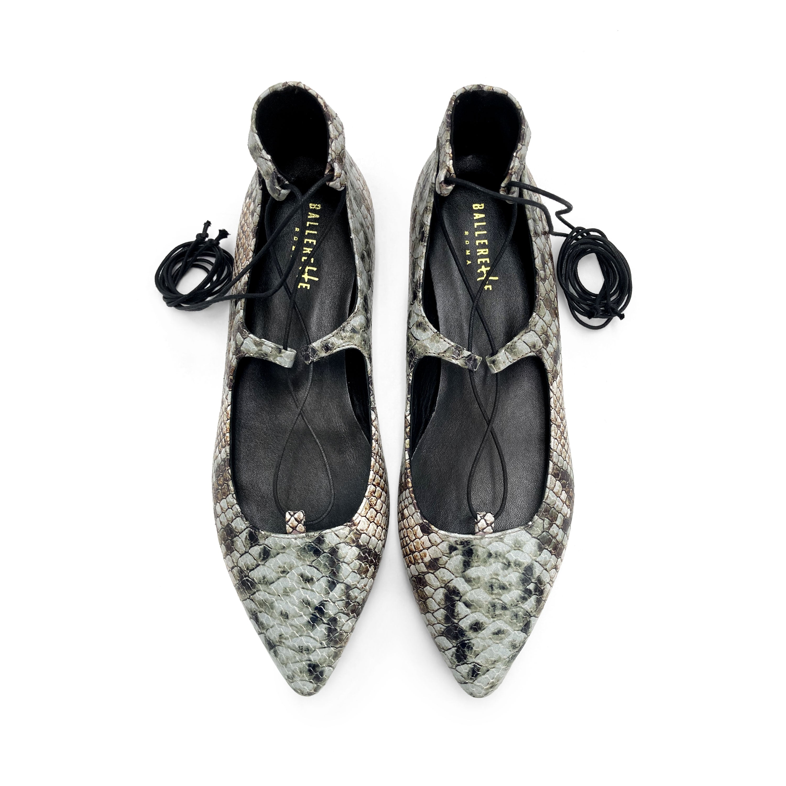 Snake print lace-up pointed ballet flats