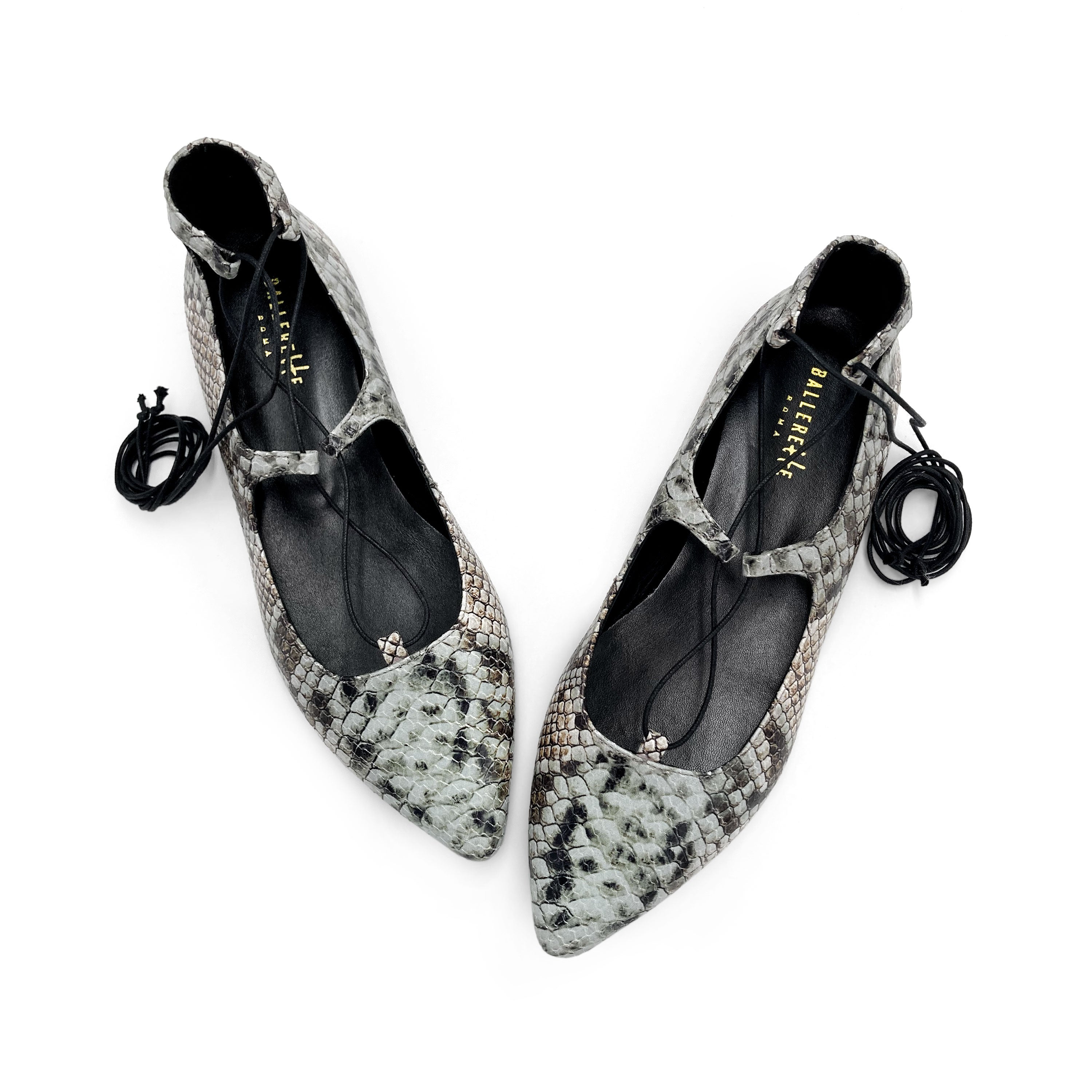 Snake print lace-up pointed ballet flats