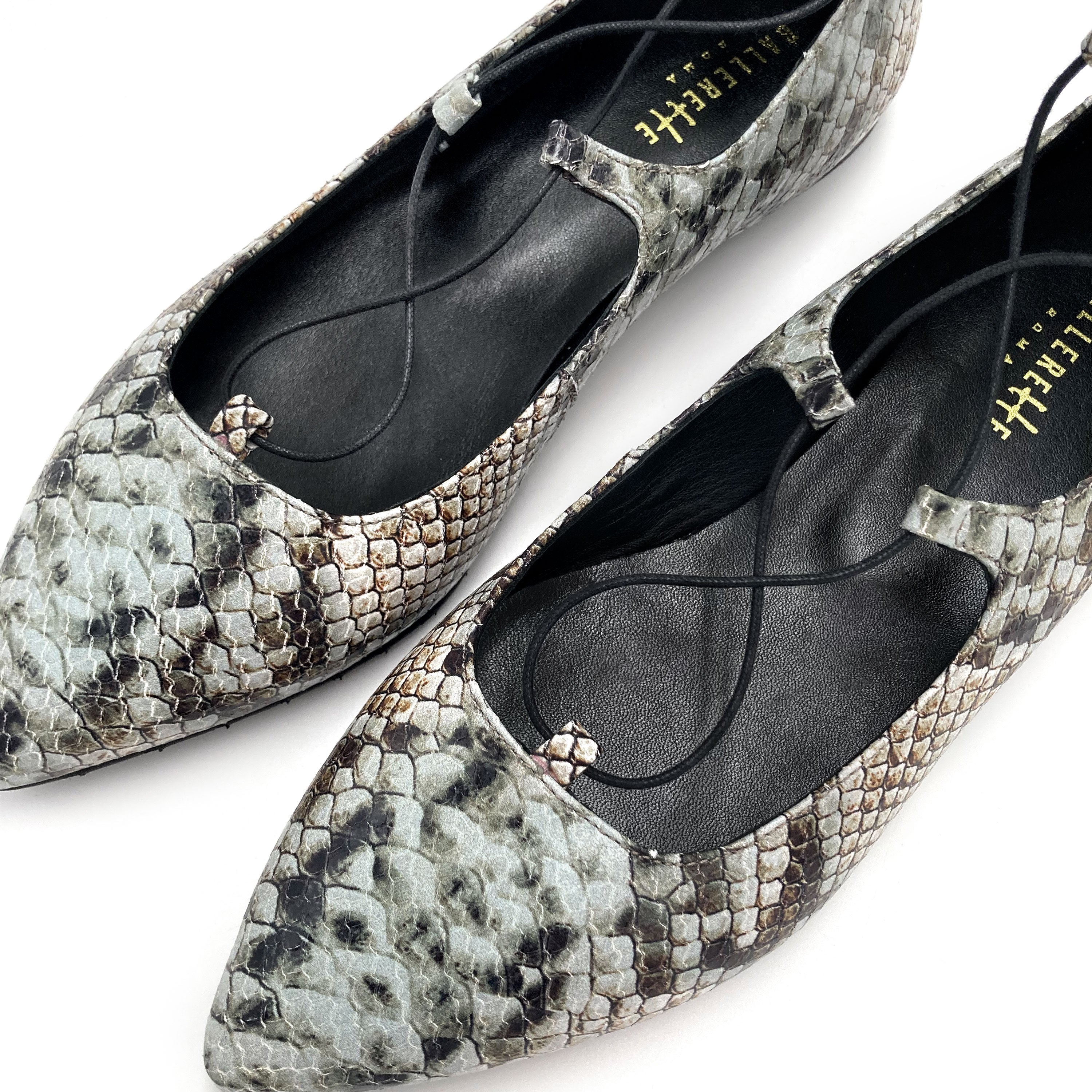 Snake print lace-up pointed ballet flats