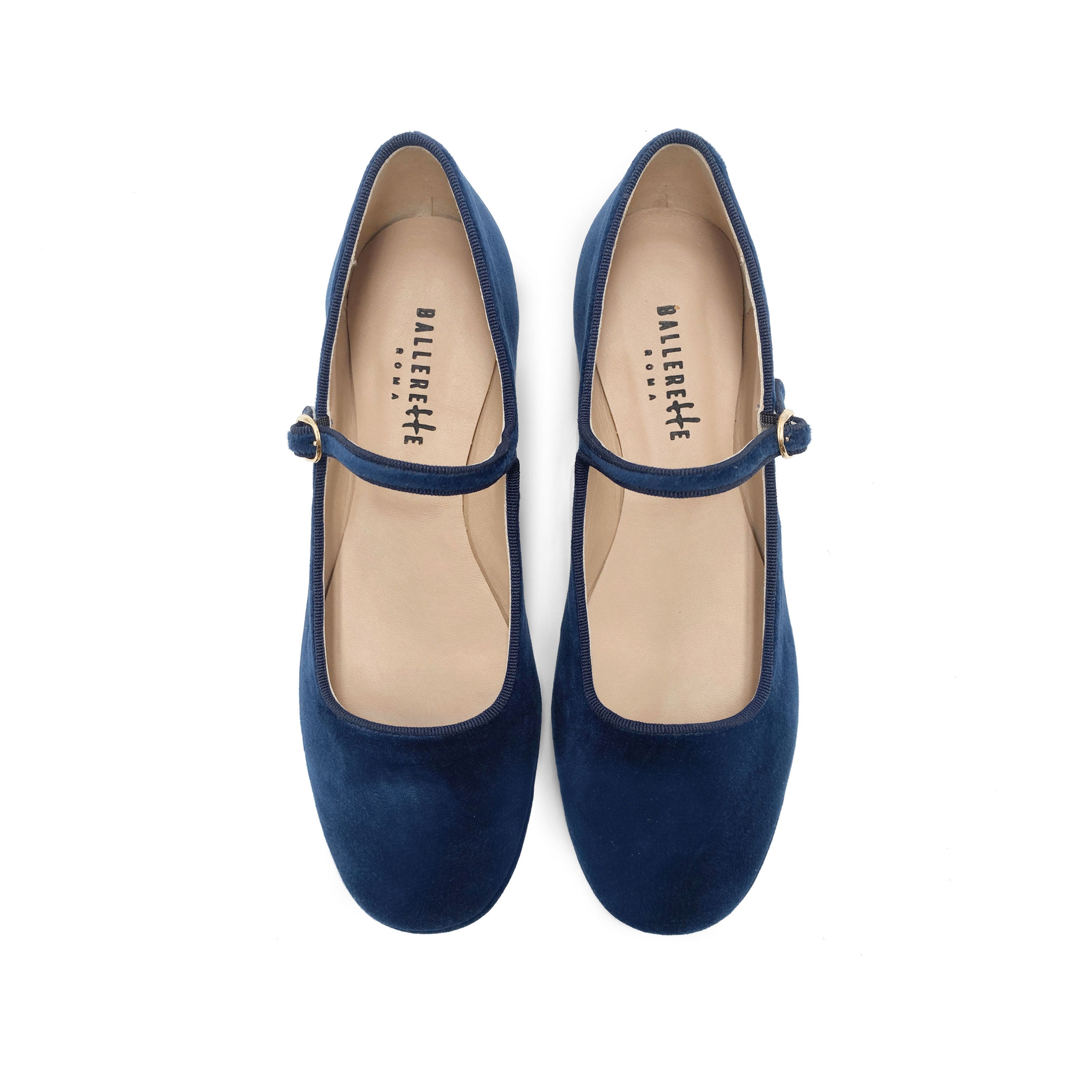 Blue velvet ballerinas with strap