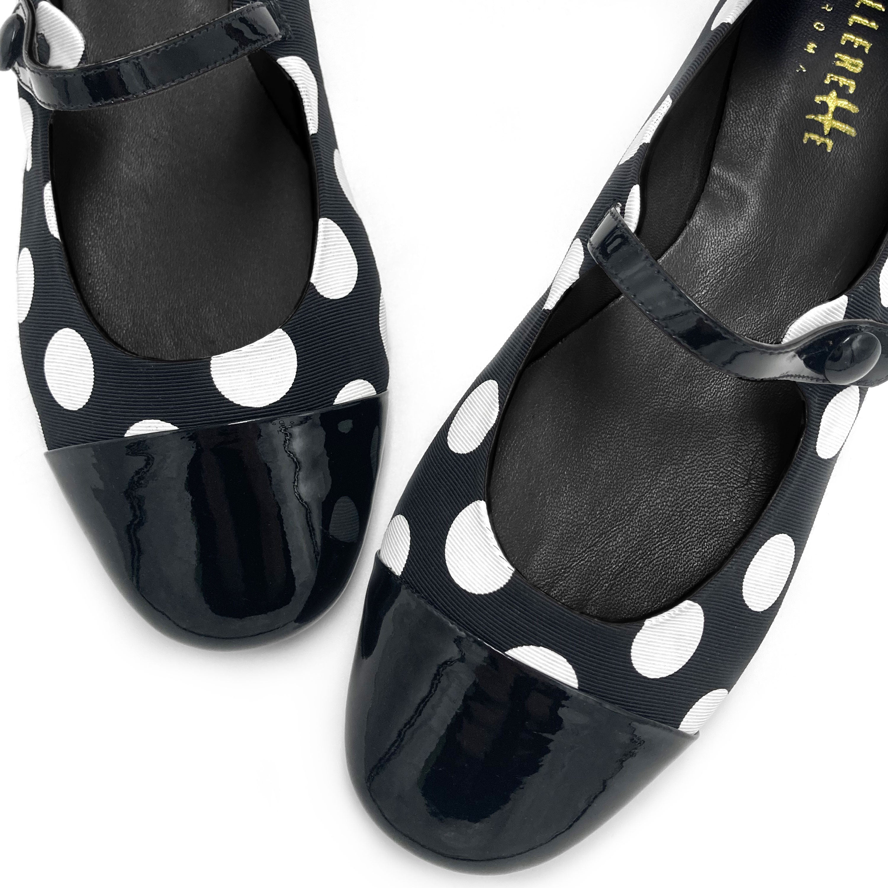 Black and white polka dot Mary Jane ballet flats in fabric