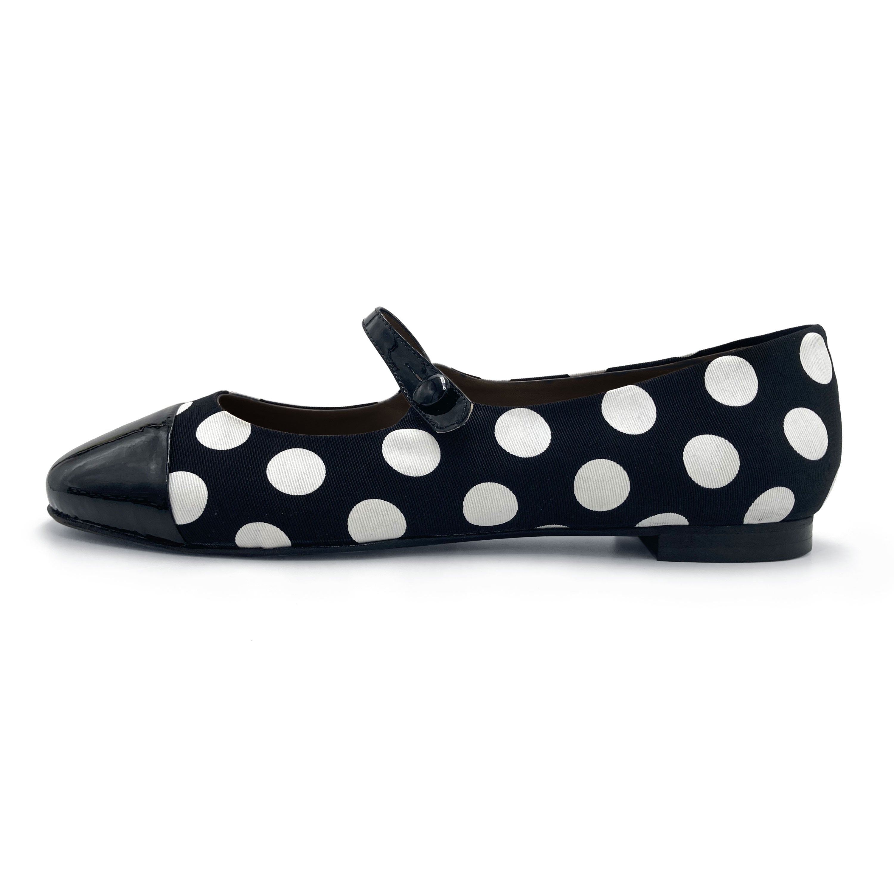 Black and white polka dot Mary Jane ballet flats in fabric