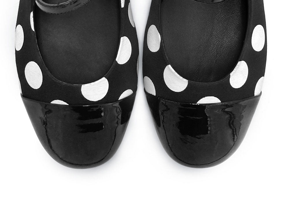 Black and white polka dot Mary Jane ballet flats in fabric