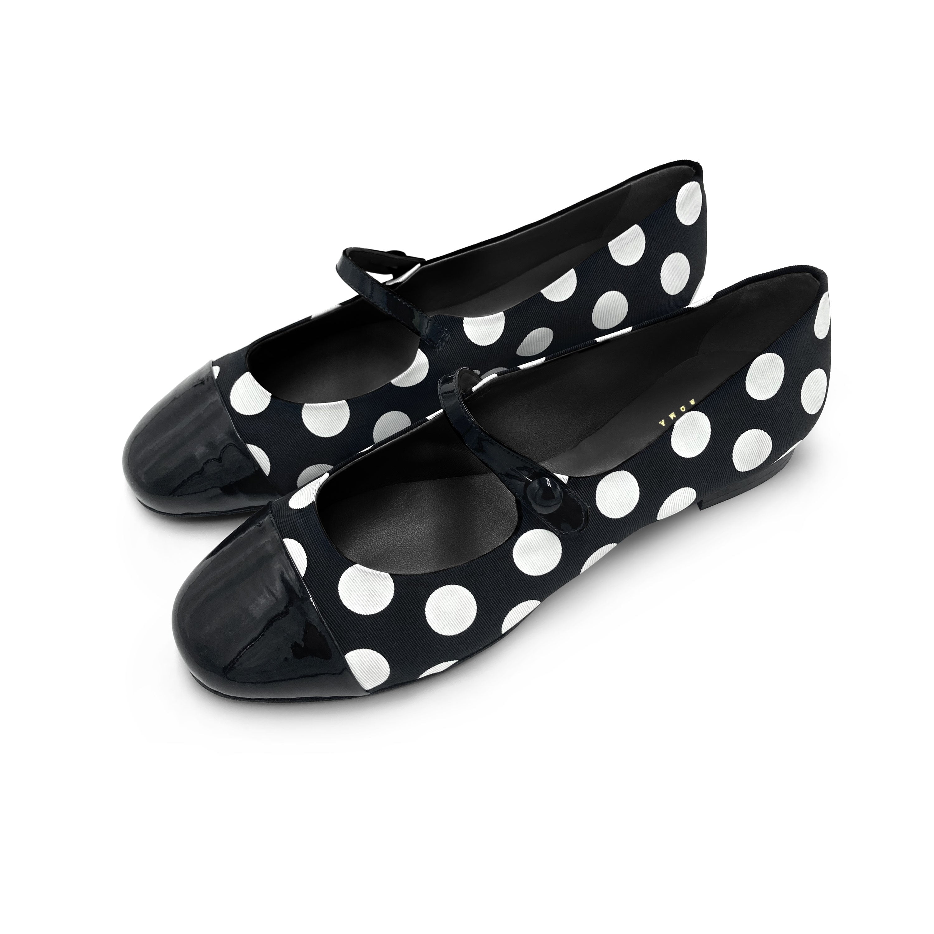 Black and white polka dot Mary Jane ballet flats in fabric