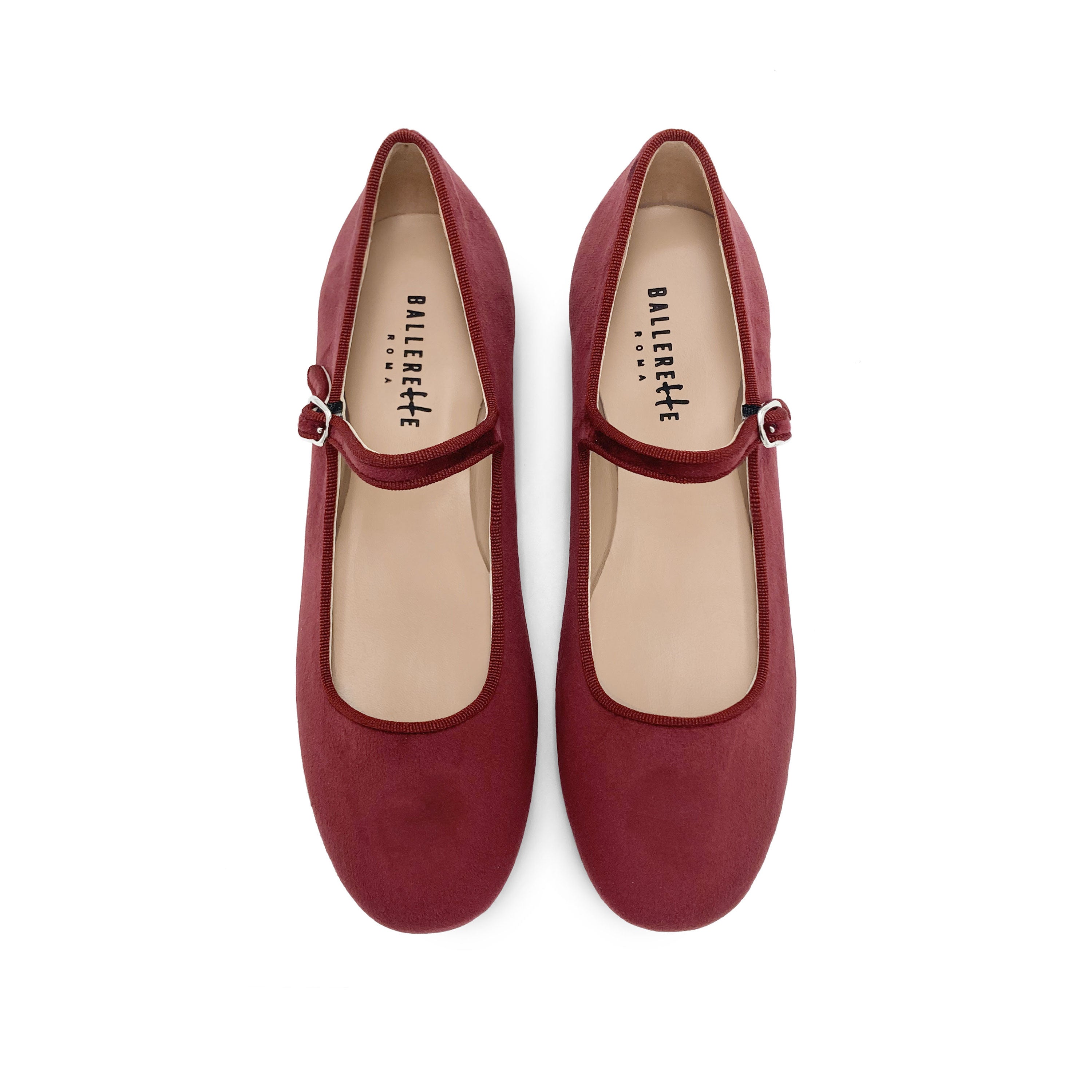 Burgundy velvet ballet flats with strap