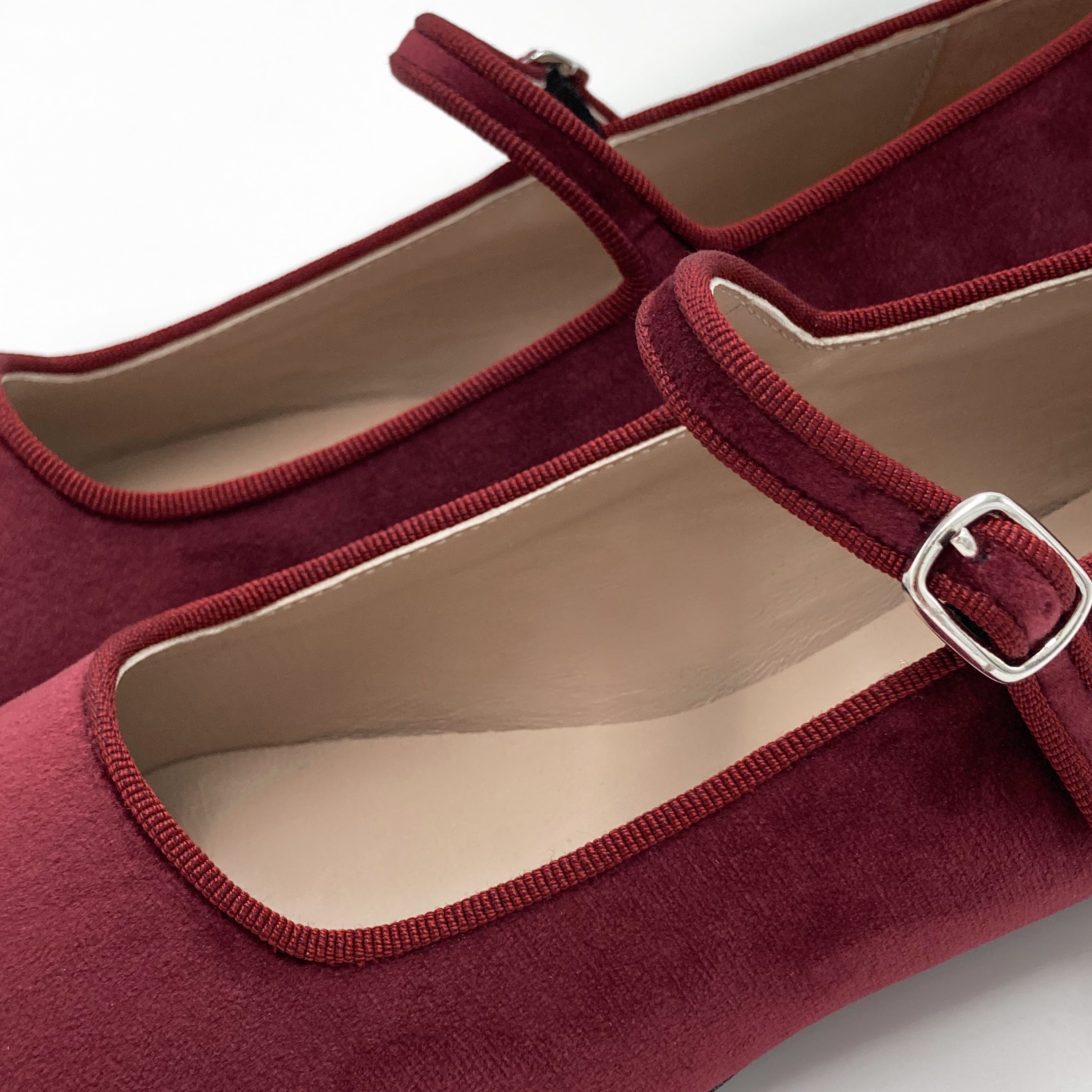 Burgundy velvet ballet flats with strap