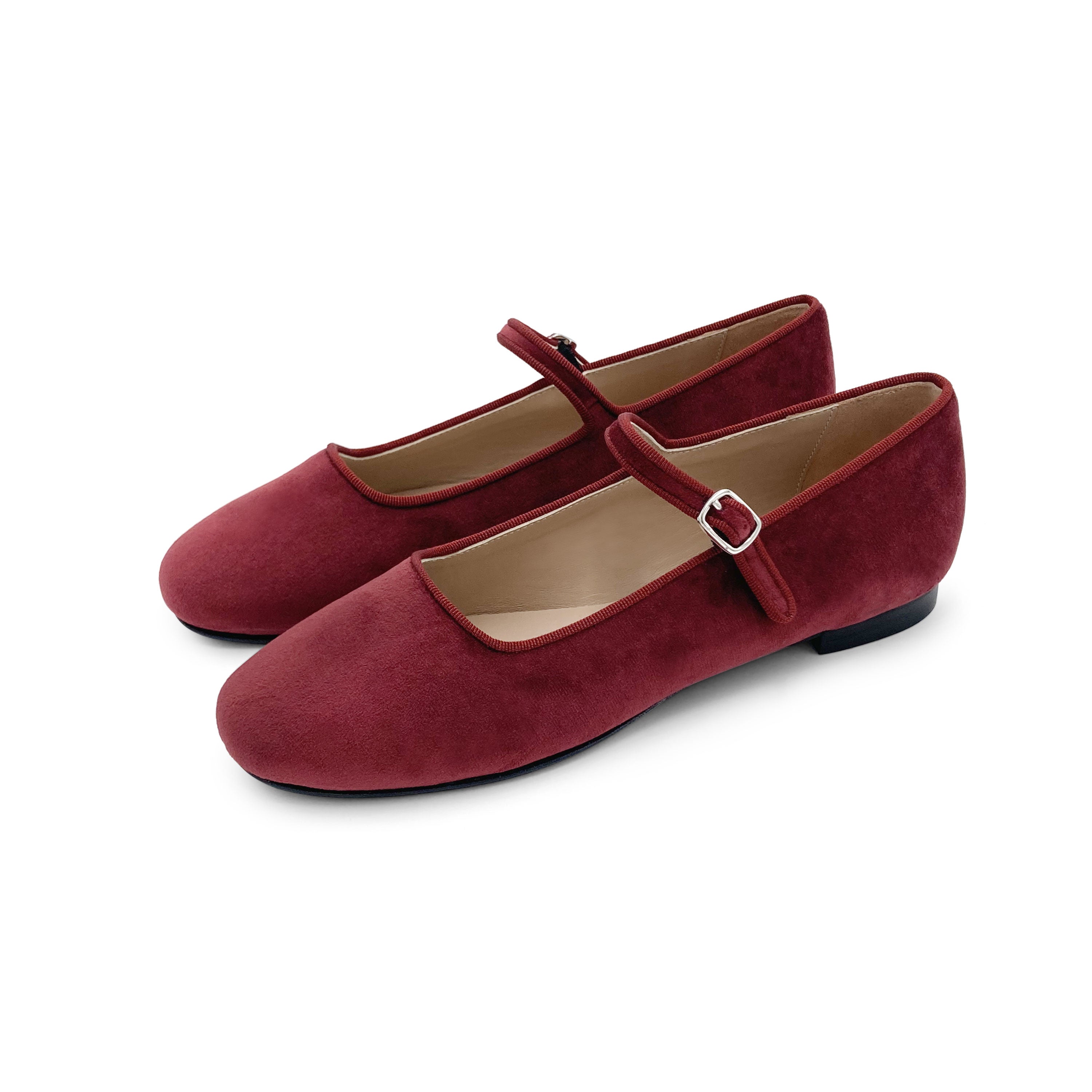 Burgundy velvet ballet flats with strap