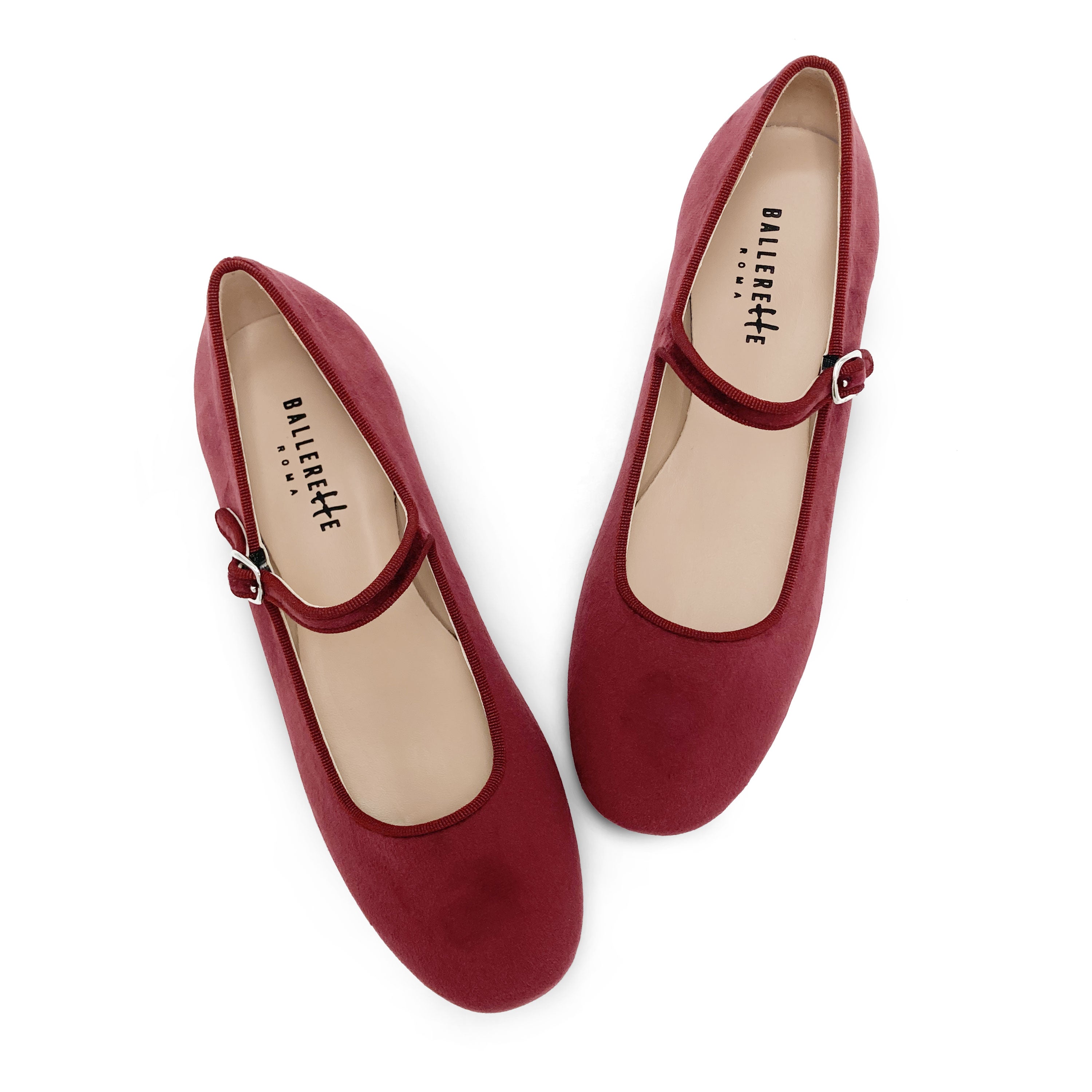 Burgundy velvet ballet flats with strap