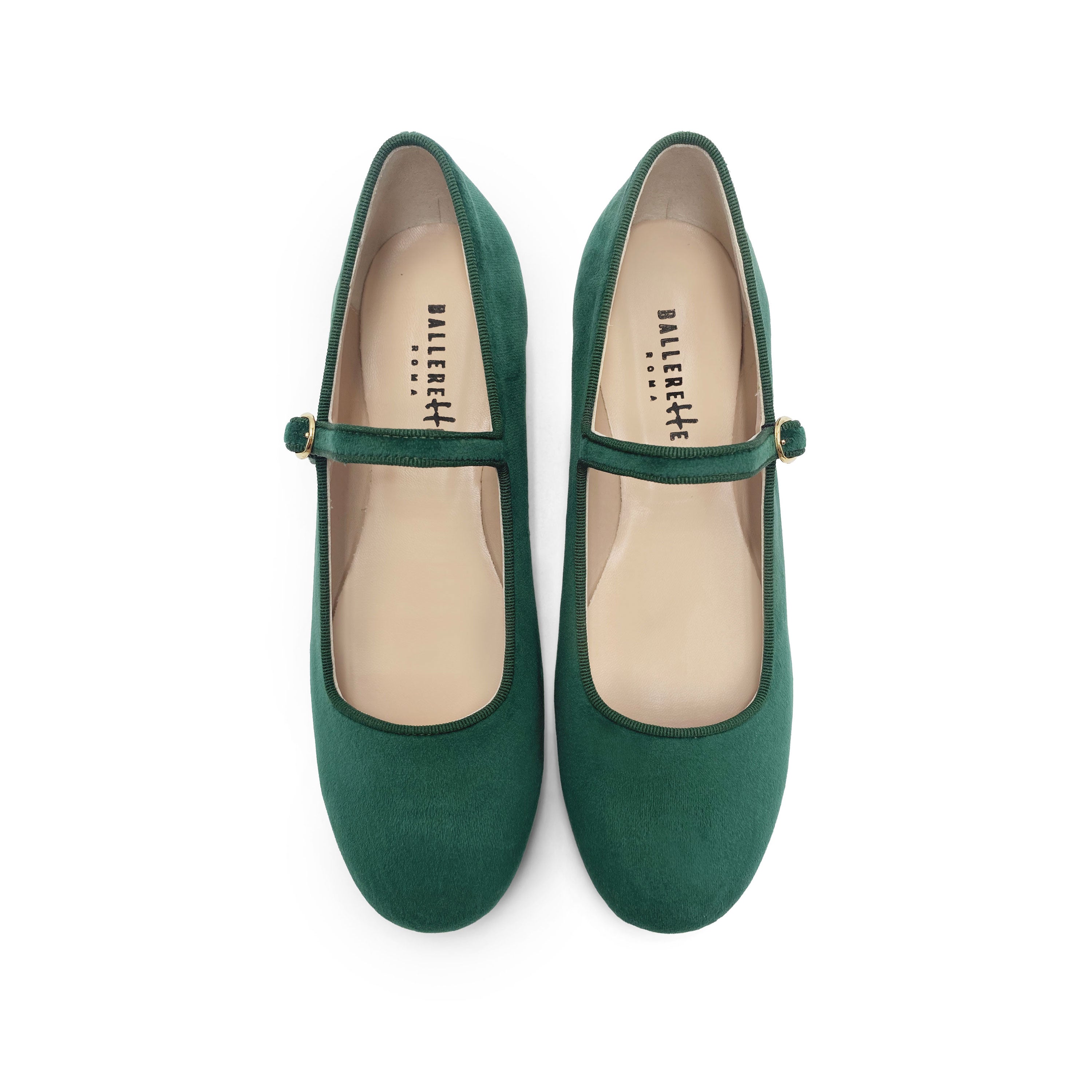 Bottle green velvet ballet flats with strap