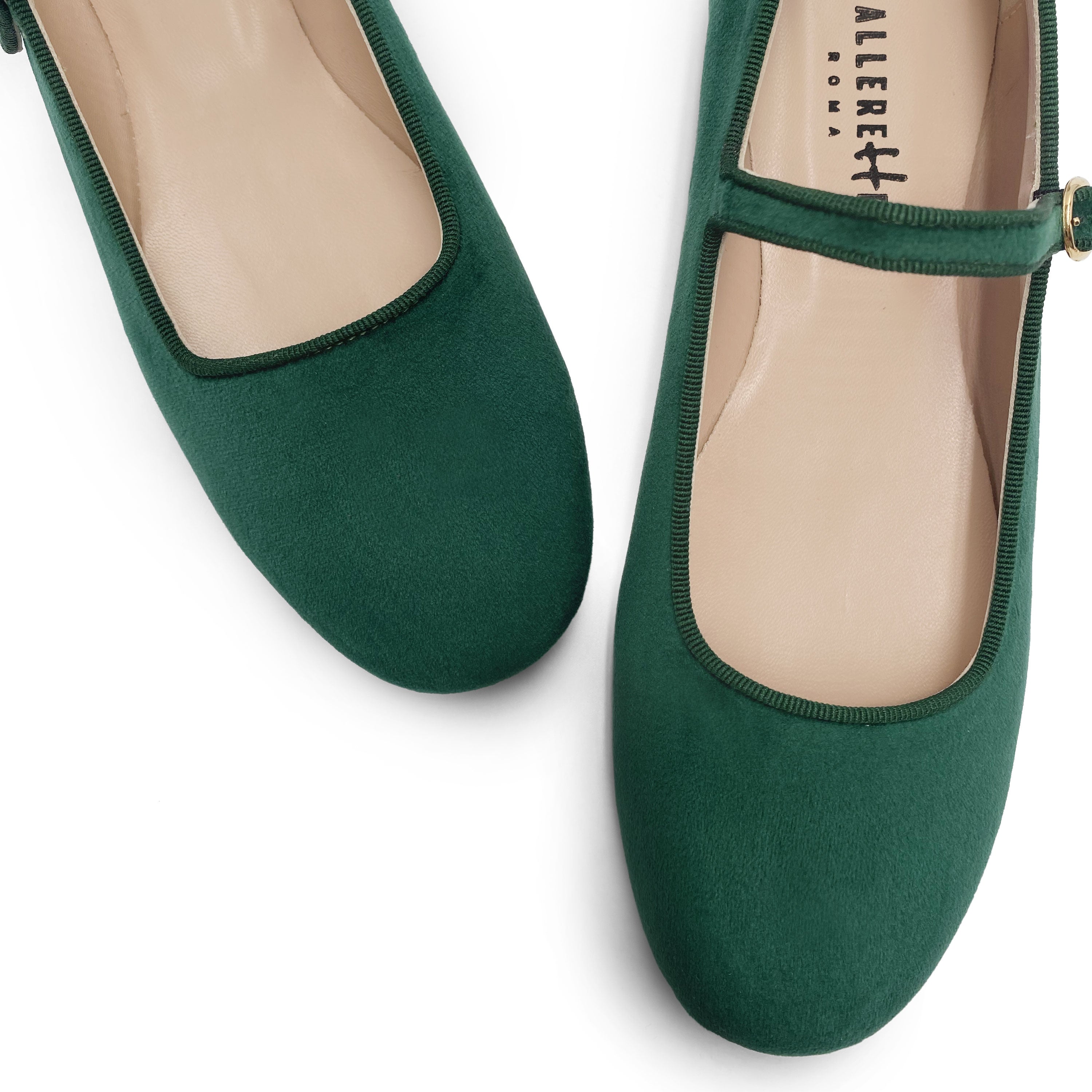 Bottle green velvet ballet flats with strap