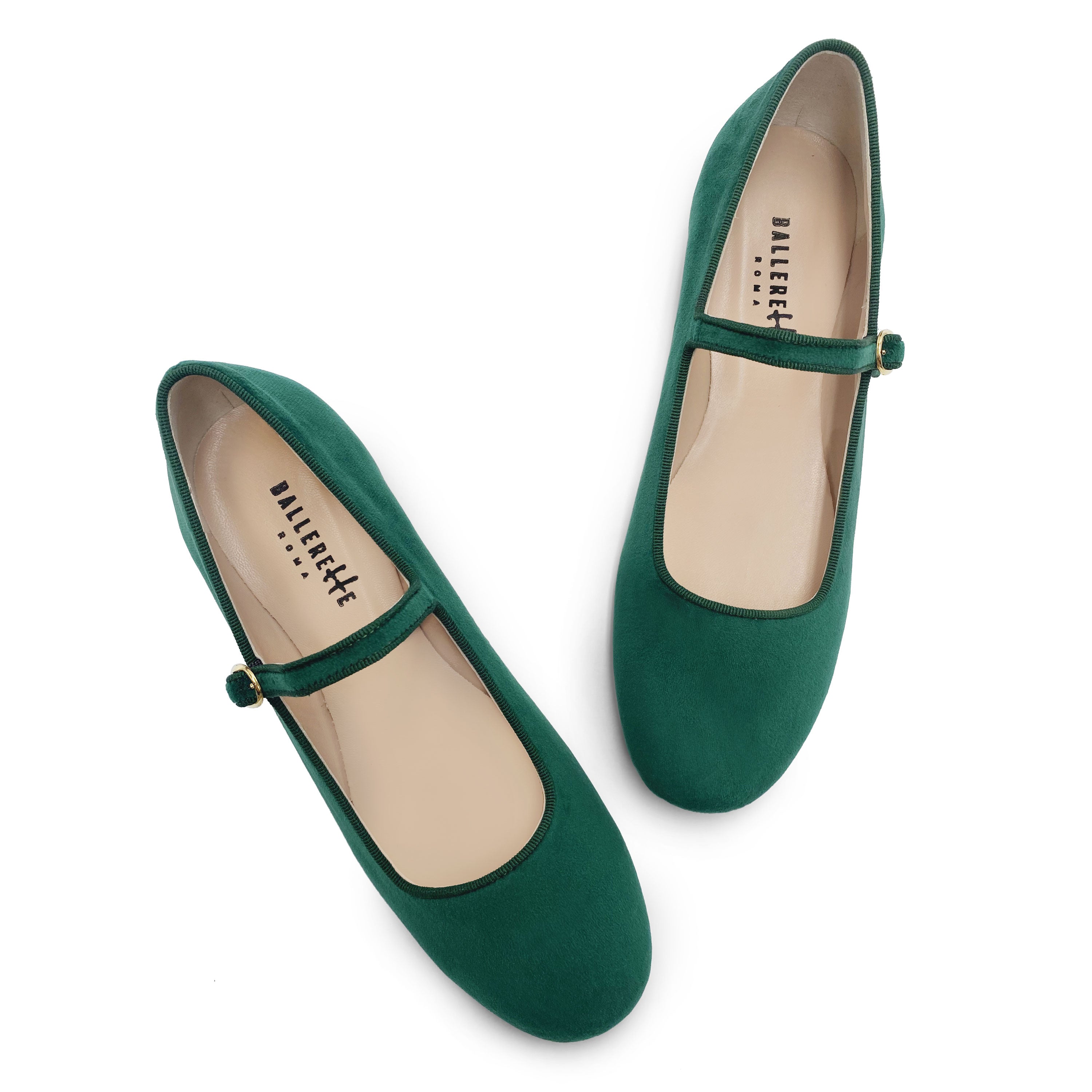 Bottle green velvet ballet flats with strap