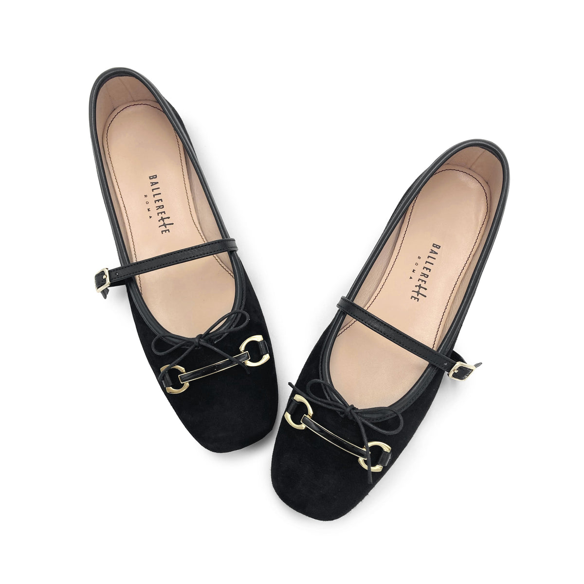Black suede Mary Jane ballet flats with a metal clasp